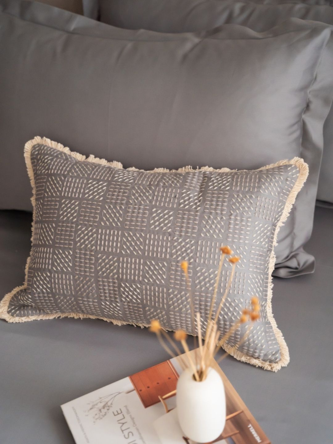 Full bed styled with the slate treasure bedsheet set