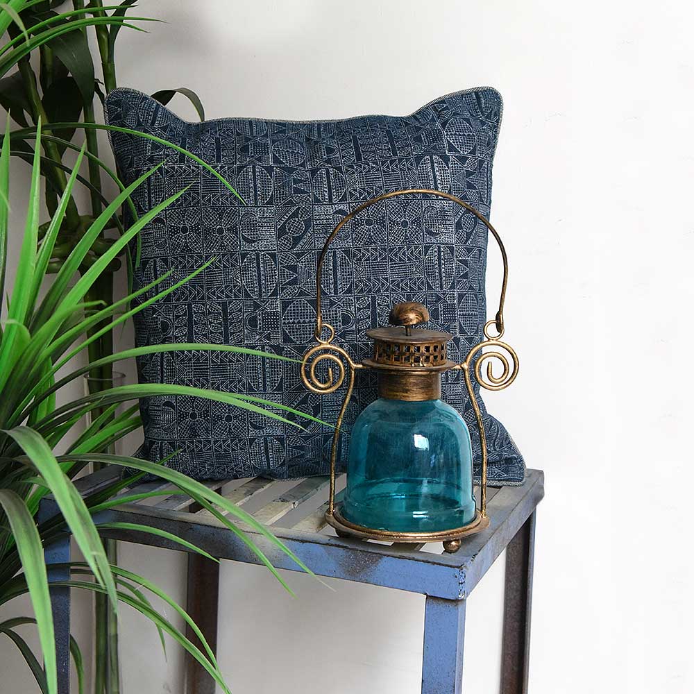 Designer Hand Block Printed Cushion Cases Indiana Denim Cushion Cover Pillow Case 16" X 16" - Elysian Home Decor