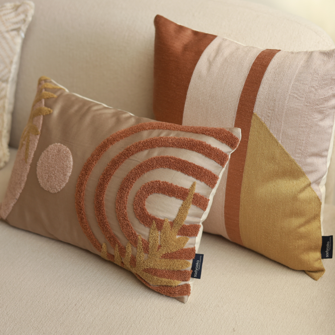Serenity Leaf Cotton Embroidered Sand Cushion Cover 12" X 18" - Elysian Home Decor