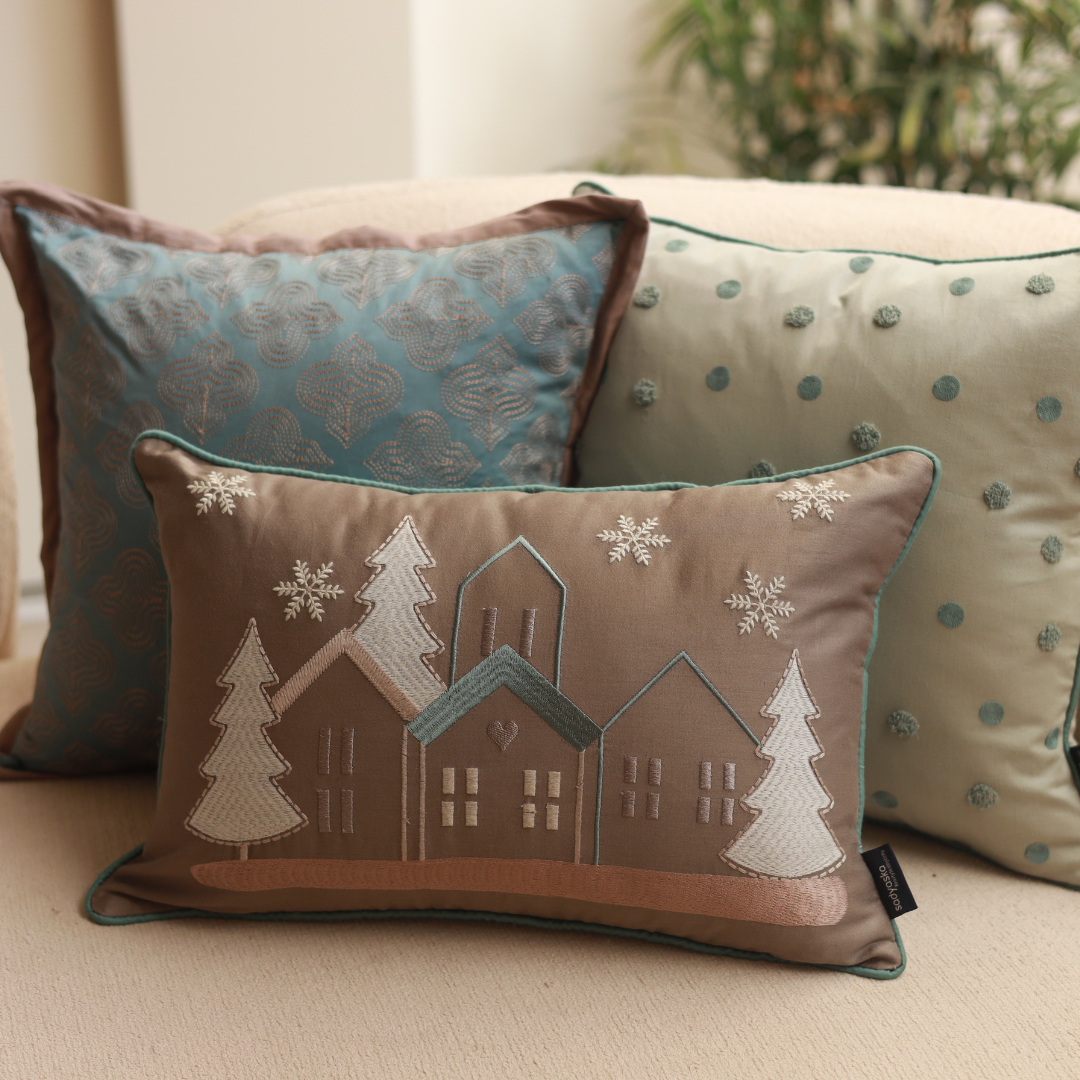 Lantern Cotton Embroidered Teal Cushion Cover 16" X 16" - Elysian Home Decor