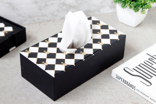 Bumblebee tissue holder with checkered design and golden bumblebee accents.