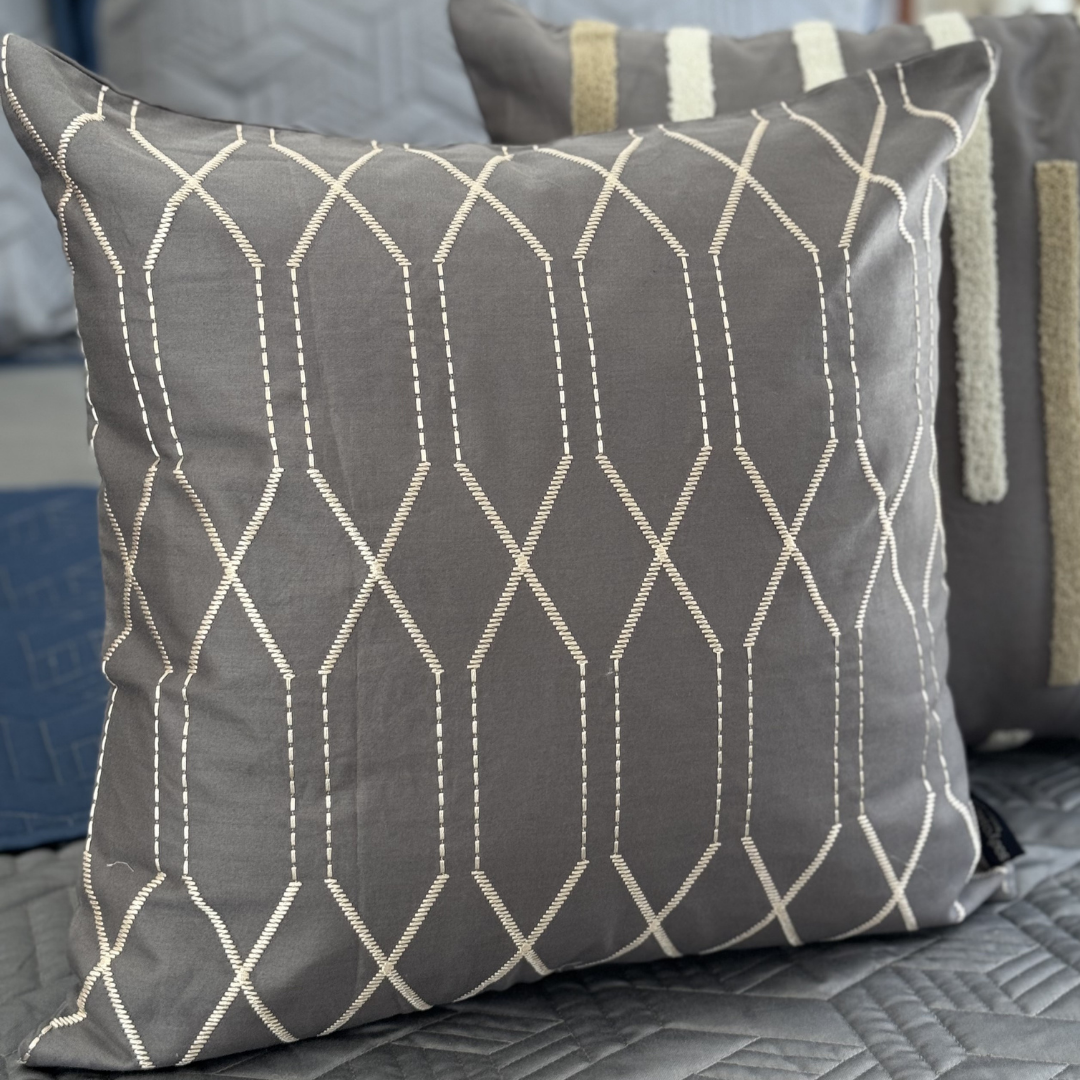 Modex Cotton Embroidered Dark Grey Cushion Cover 16" X 16" - Elysian Home Decor