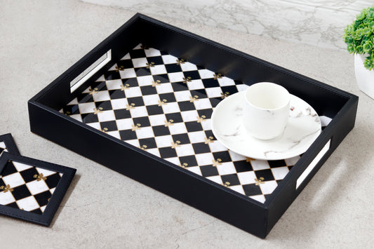 Black serving tray with bumblebee checkered pattern.