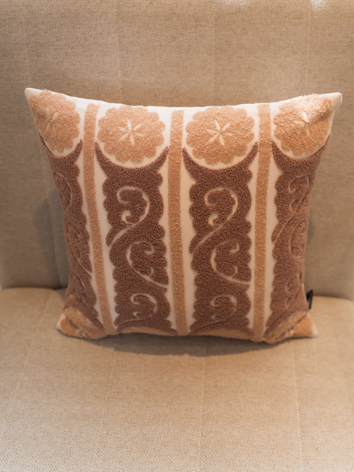Fantasia Oats Beige Cotton Embroidered Cushion Cover 16" X 16" - Elysian Home Decor