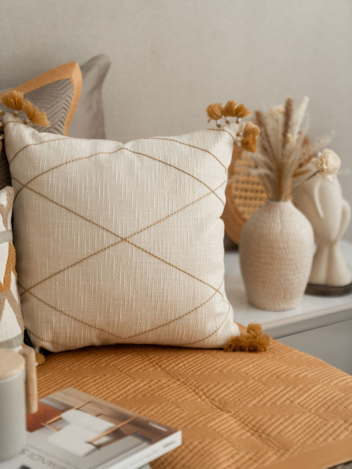 Vivian Cotton Embroidered Beige Cushion Cover 16" X 16" - Elysian Home Decor