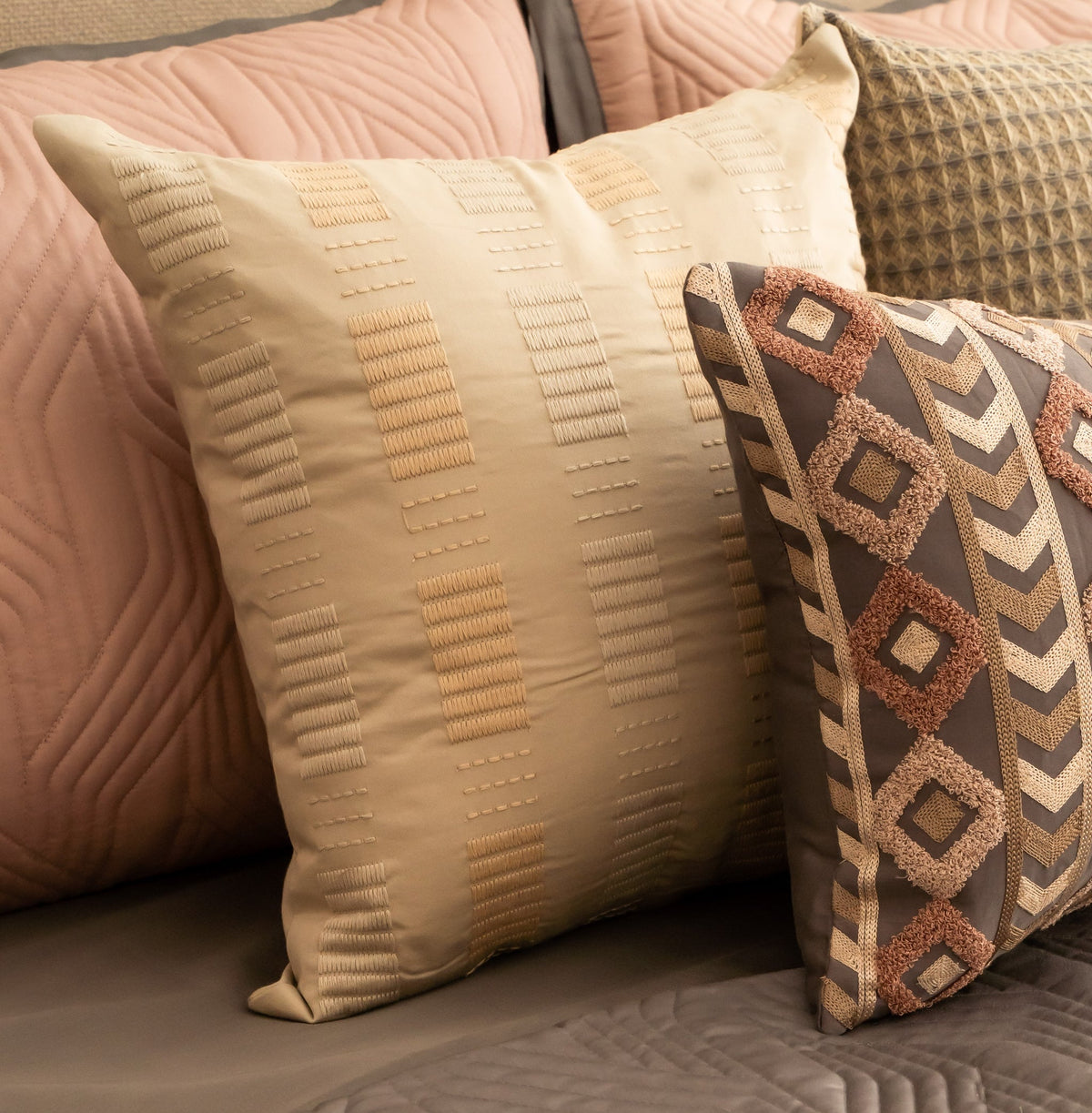 SURREAL SYMPHONY Cotton Embroidered Beige Cushion Cover 16" X 16" - Elysian Home Decor