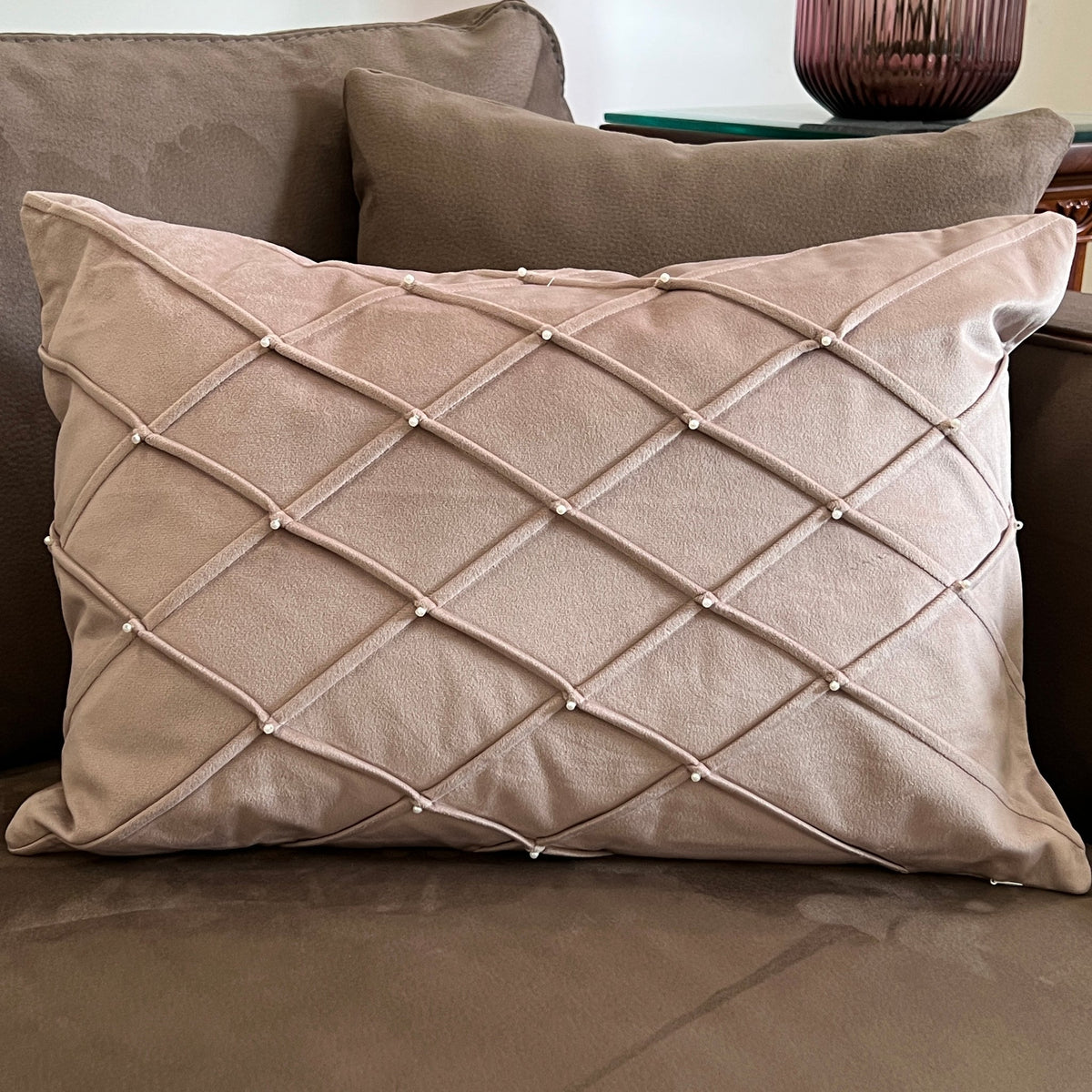 Decorative Grid Onion Pink Velvet Cushion Cover 12x18 - Elysian Home Decor