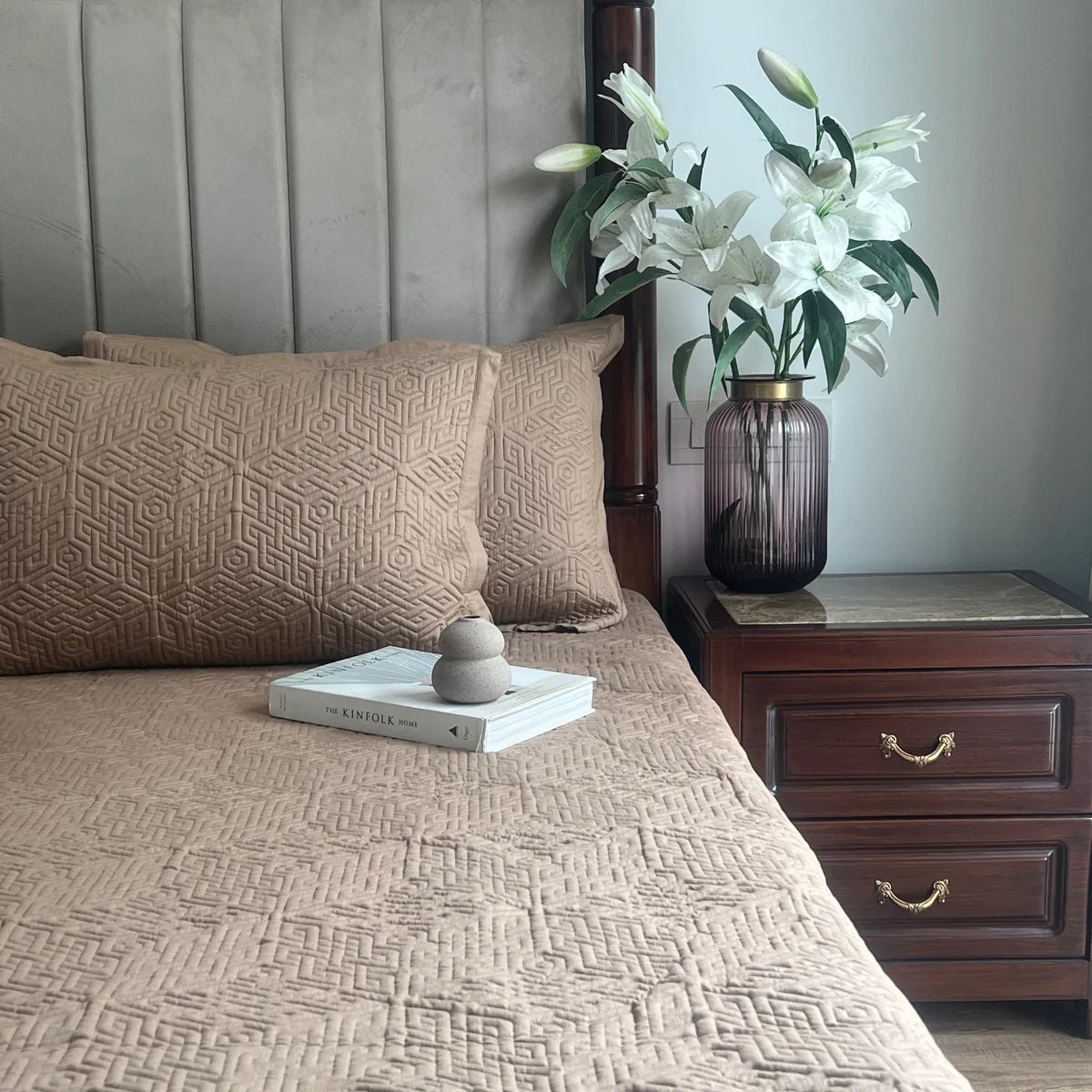 Beige Cotton bedspread featuring a geometric pattern design.