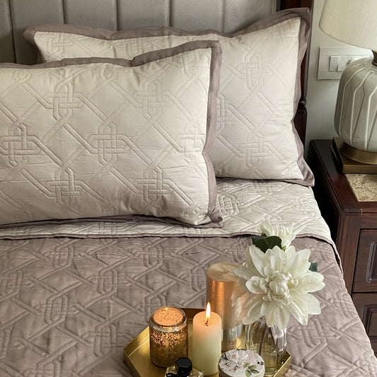 Beige and taupe quilted bedspread with reversible Gizmo pattern and matching pillows.