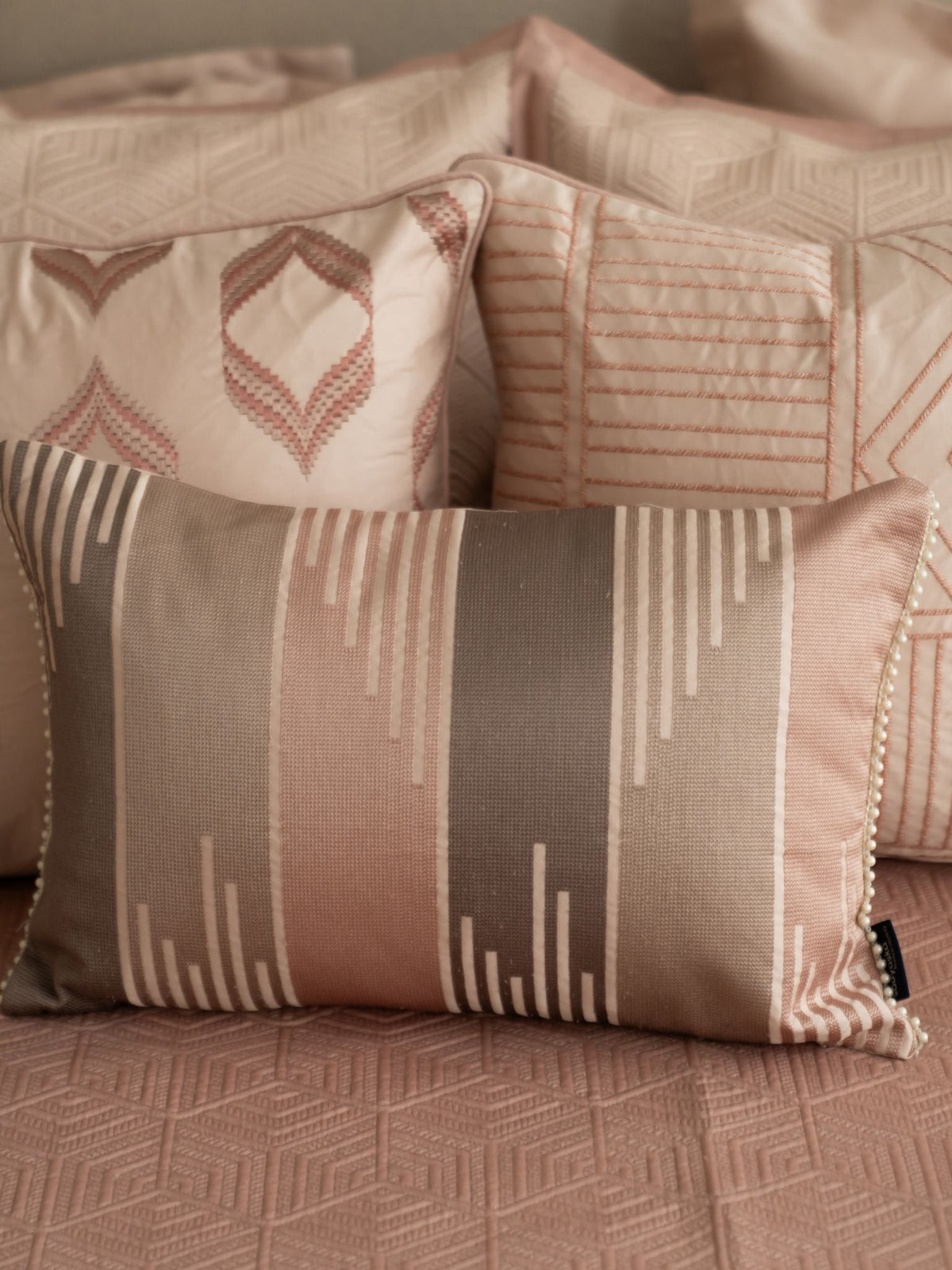Skyline Cotton Embroidered Buff Cushion Cover 12" X 18" - Elysian Home Decor