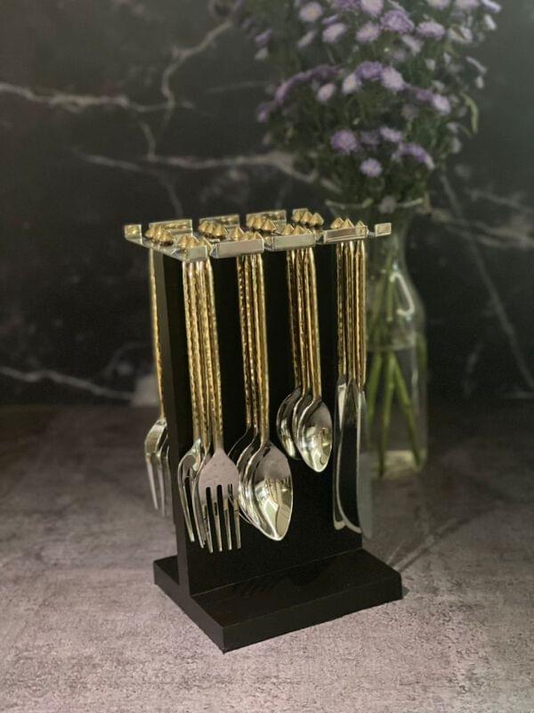 Half Gold Hammered Cutlery Set of 24 with Stand