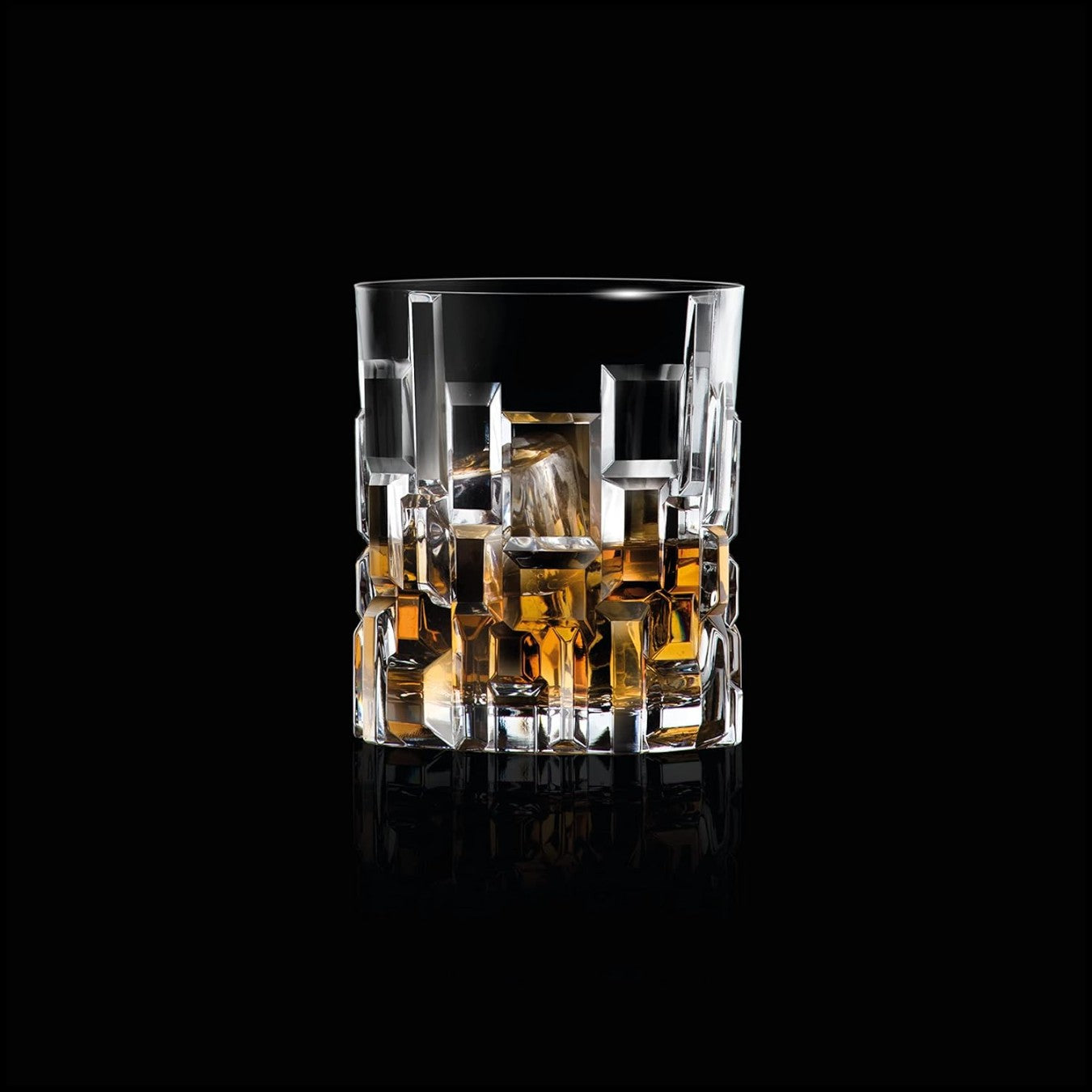 Geometric whiskey glass with ice. Etna glass set.