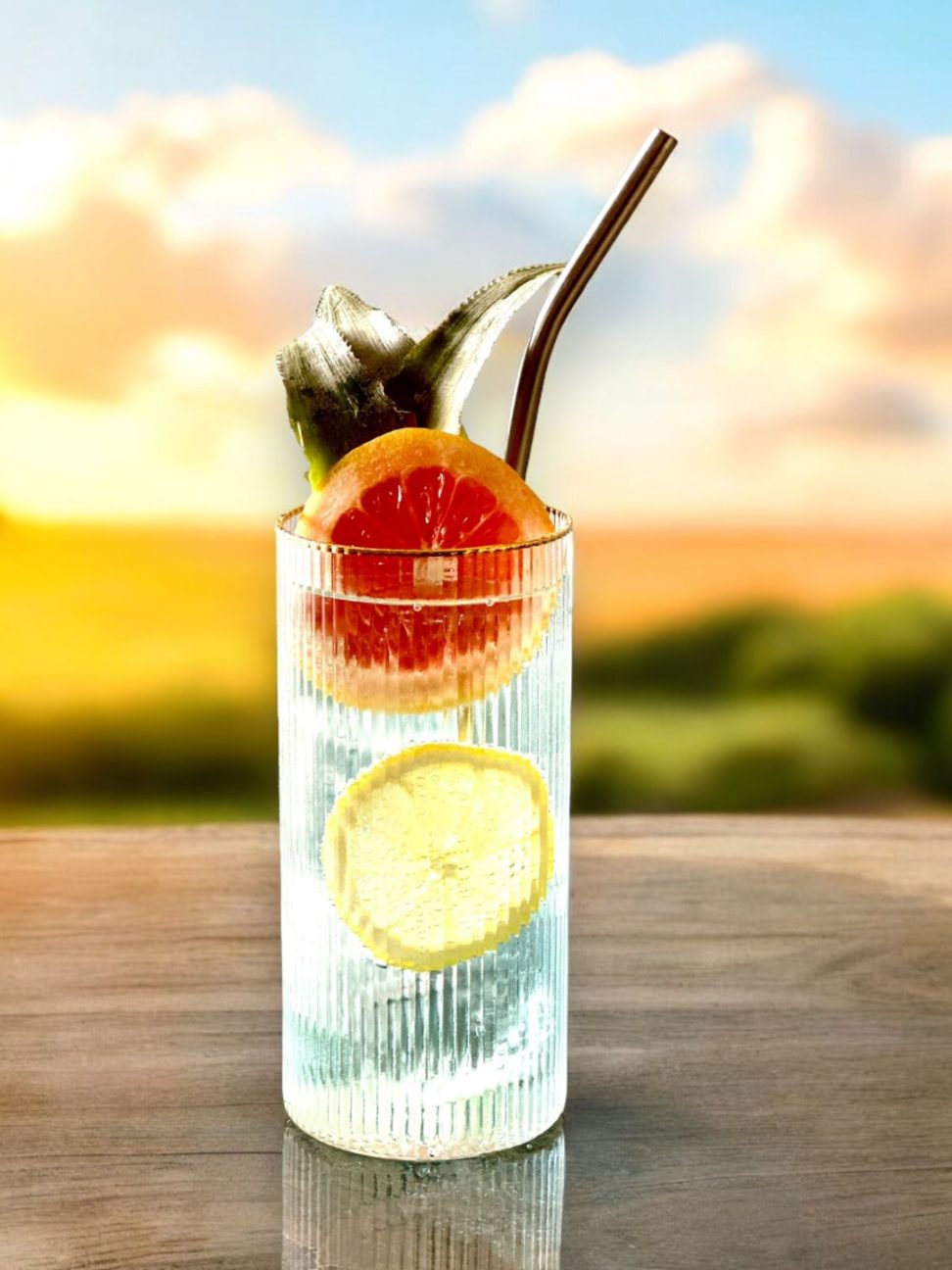 Charleston ribbed highball tumbler with lemon and grapefruit slice.