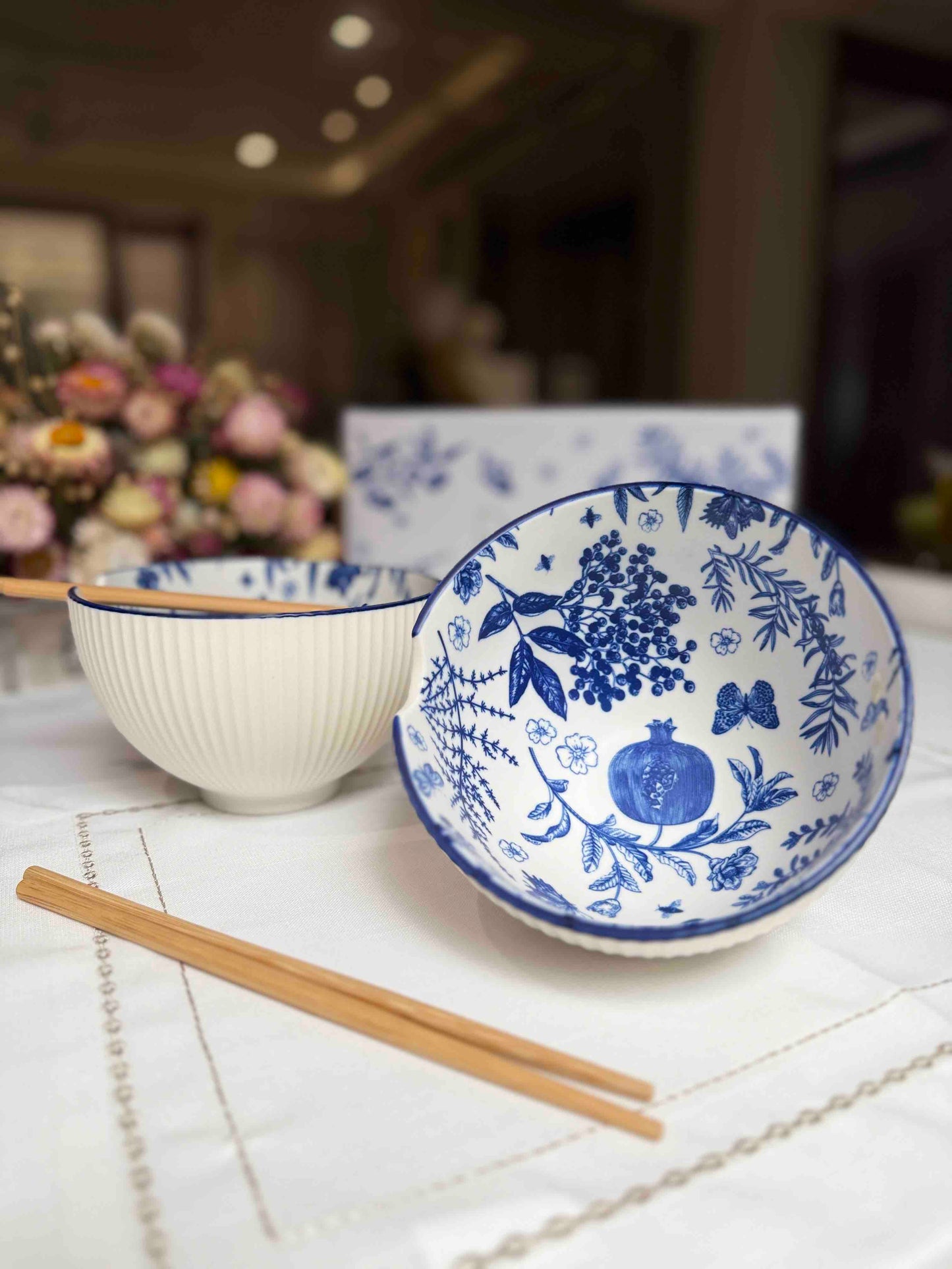 Sakura Indigo Ramen Bowl Set with Chopsticks (Set of 2)