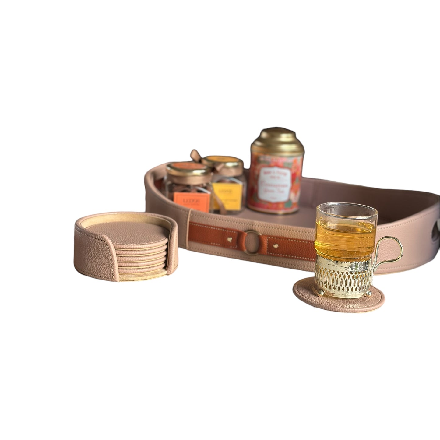 Beige leather coasters and matching serving tray.