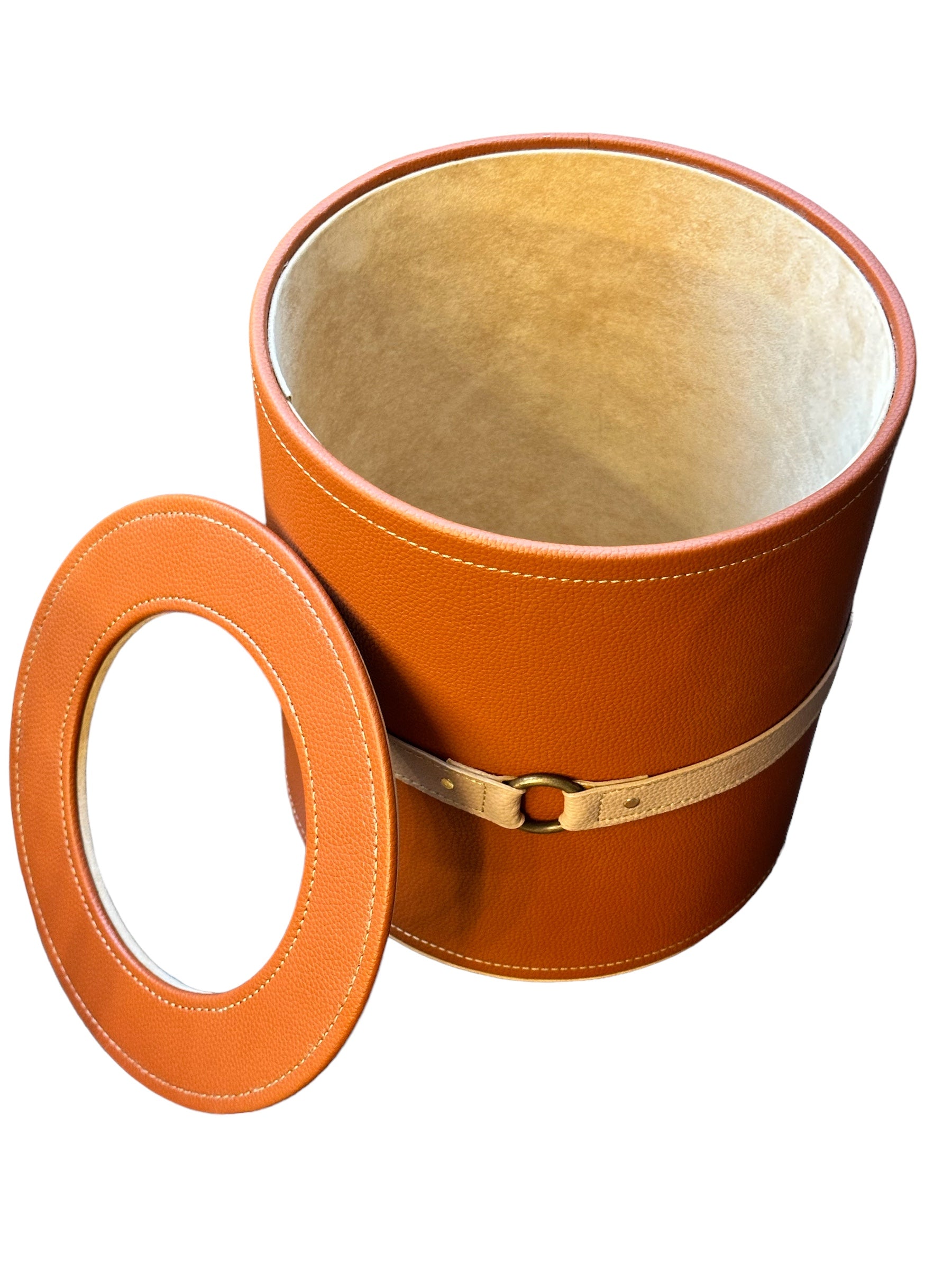 Cognac Luxora wastebin with belted detail and removable lid.