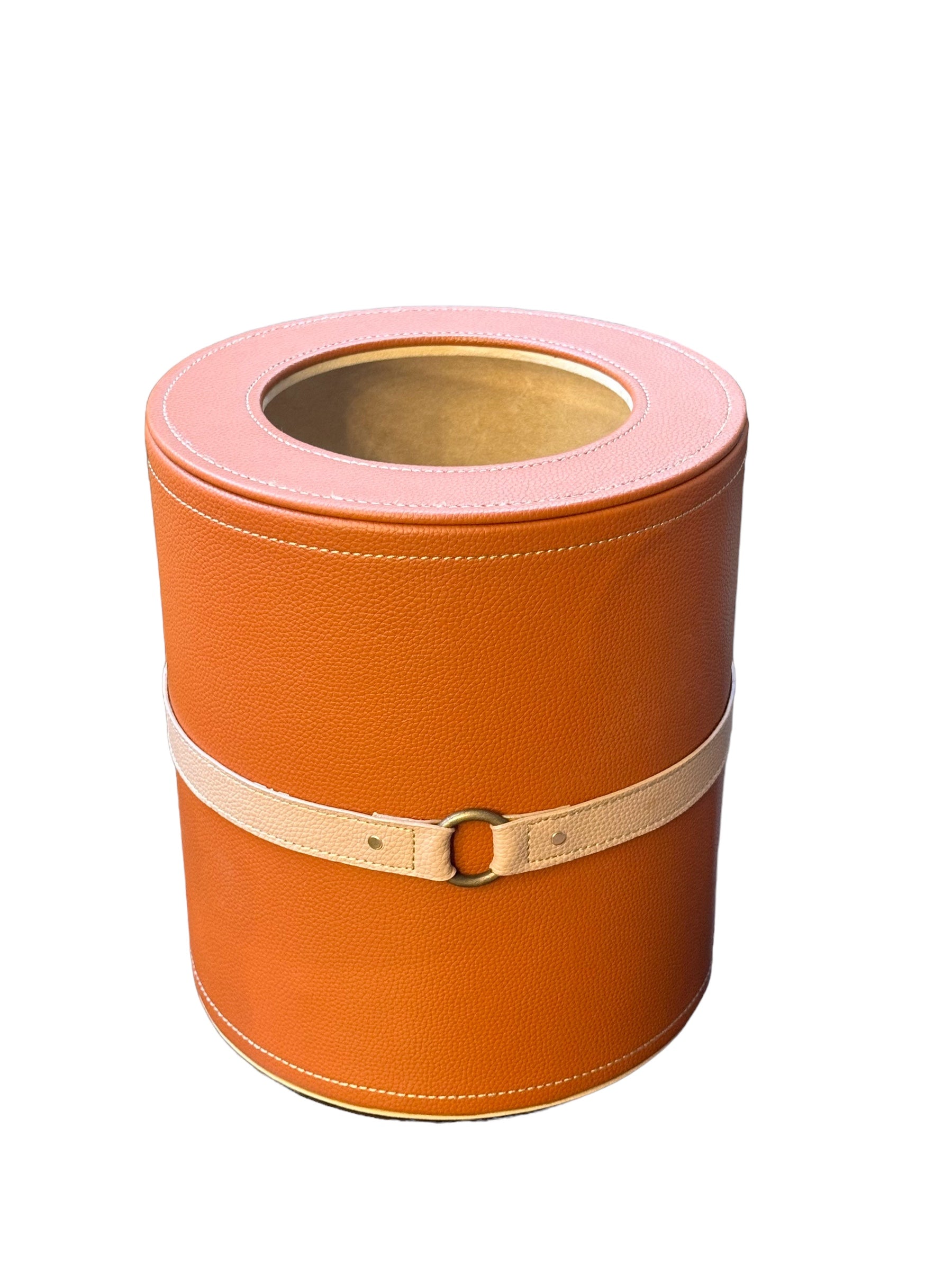 Cognac wastebin with leather and decorative belt.