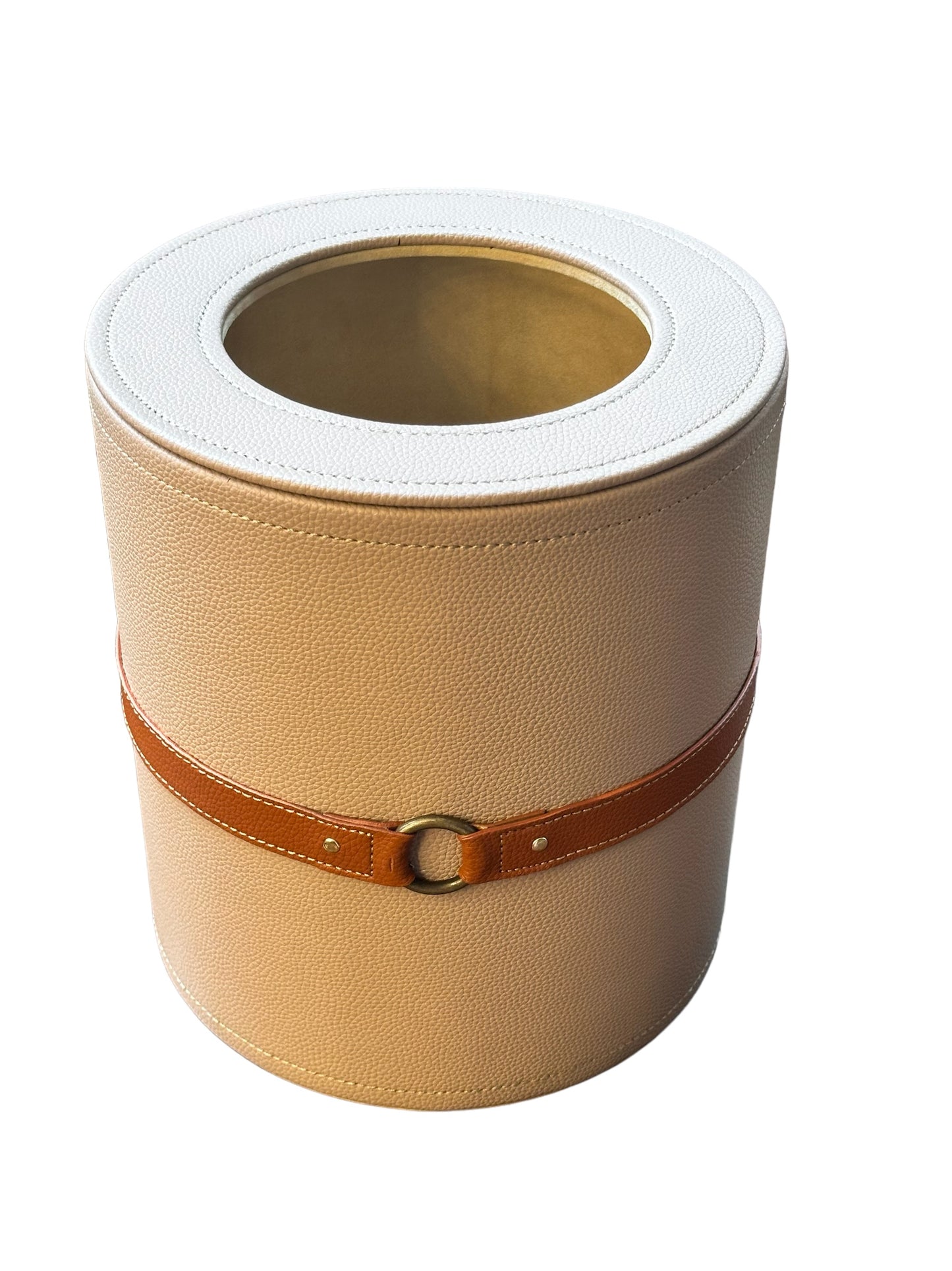 Beige Luxora wastebin featuring a stylish belt accent.
