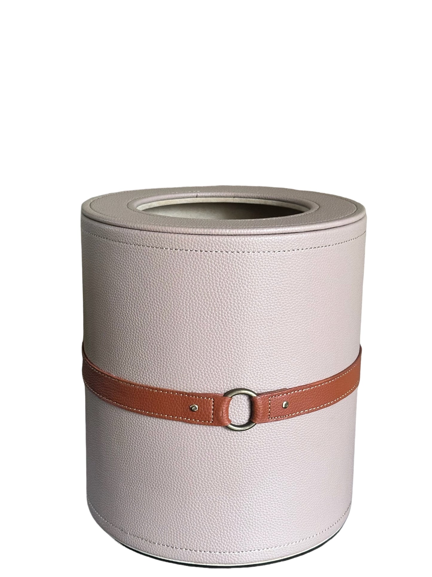 Beige Luxora wastebin with brown leather belt detail.