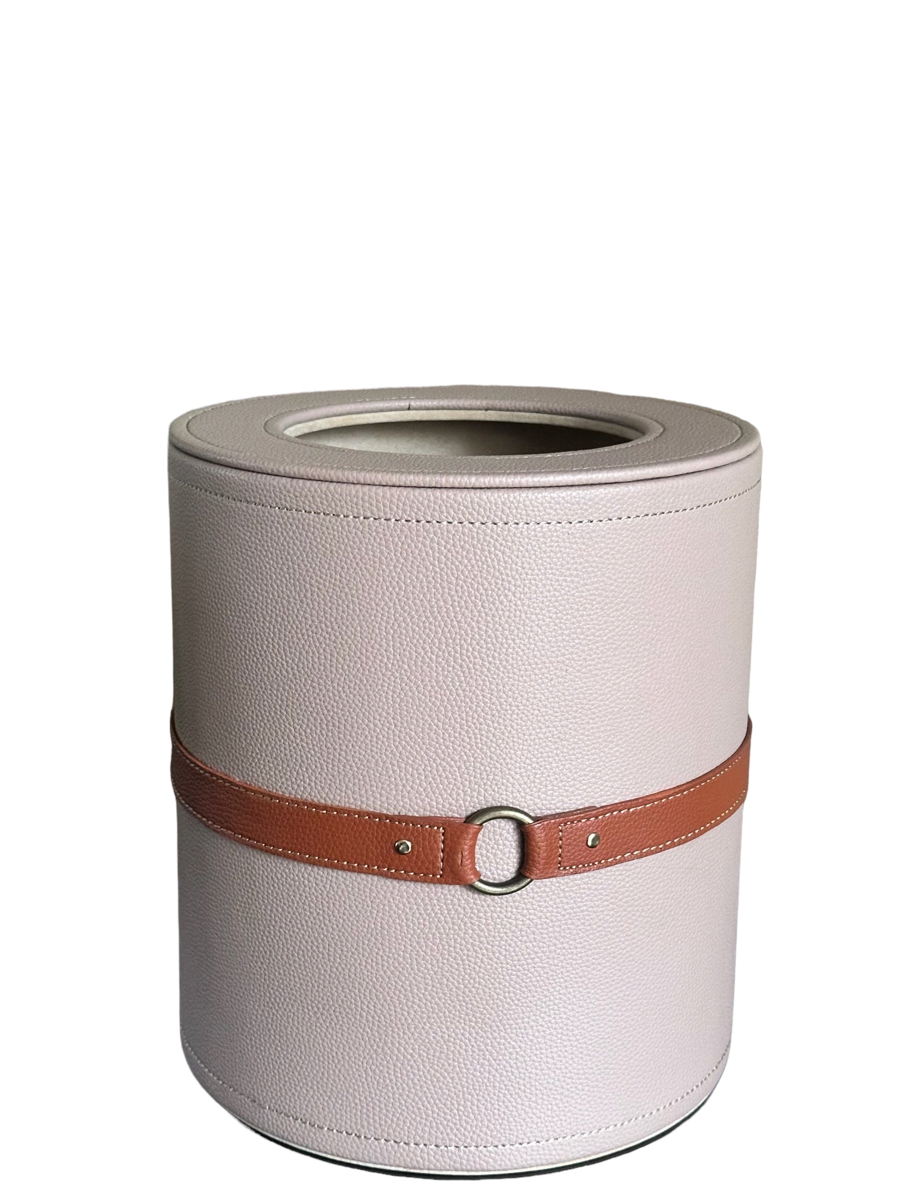 Beige Luxora wastebin with brown leather belt detail.