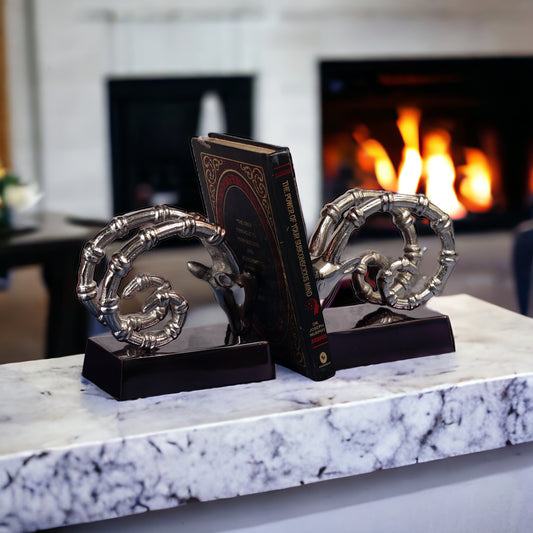 Elegant ram horn bookend holding book on marble surface