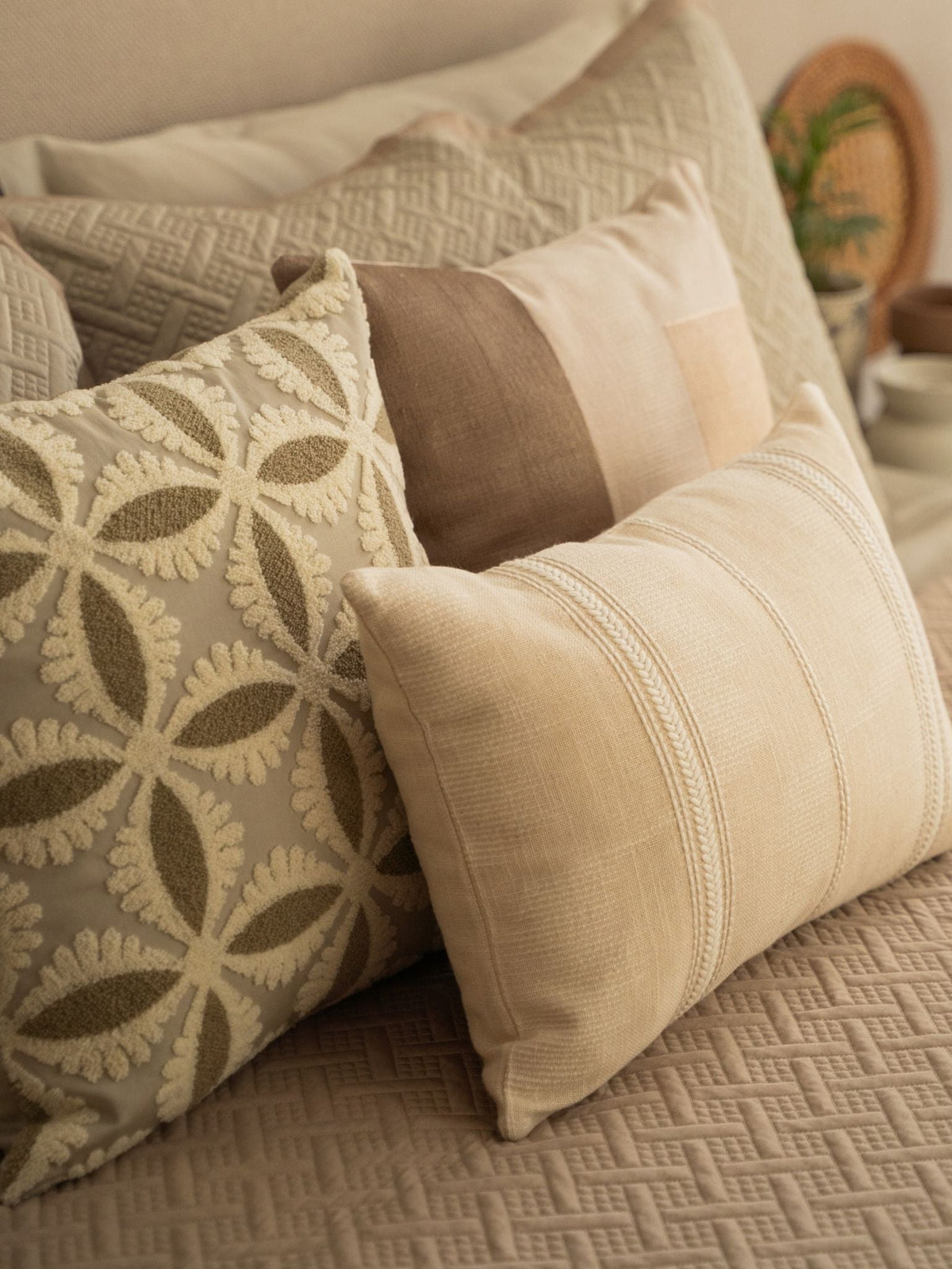 Harmony Cotton Embroidered Beige Cushion Cover 12" X 18" - Elysian Home Decor