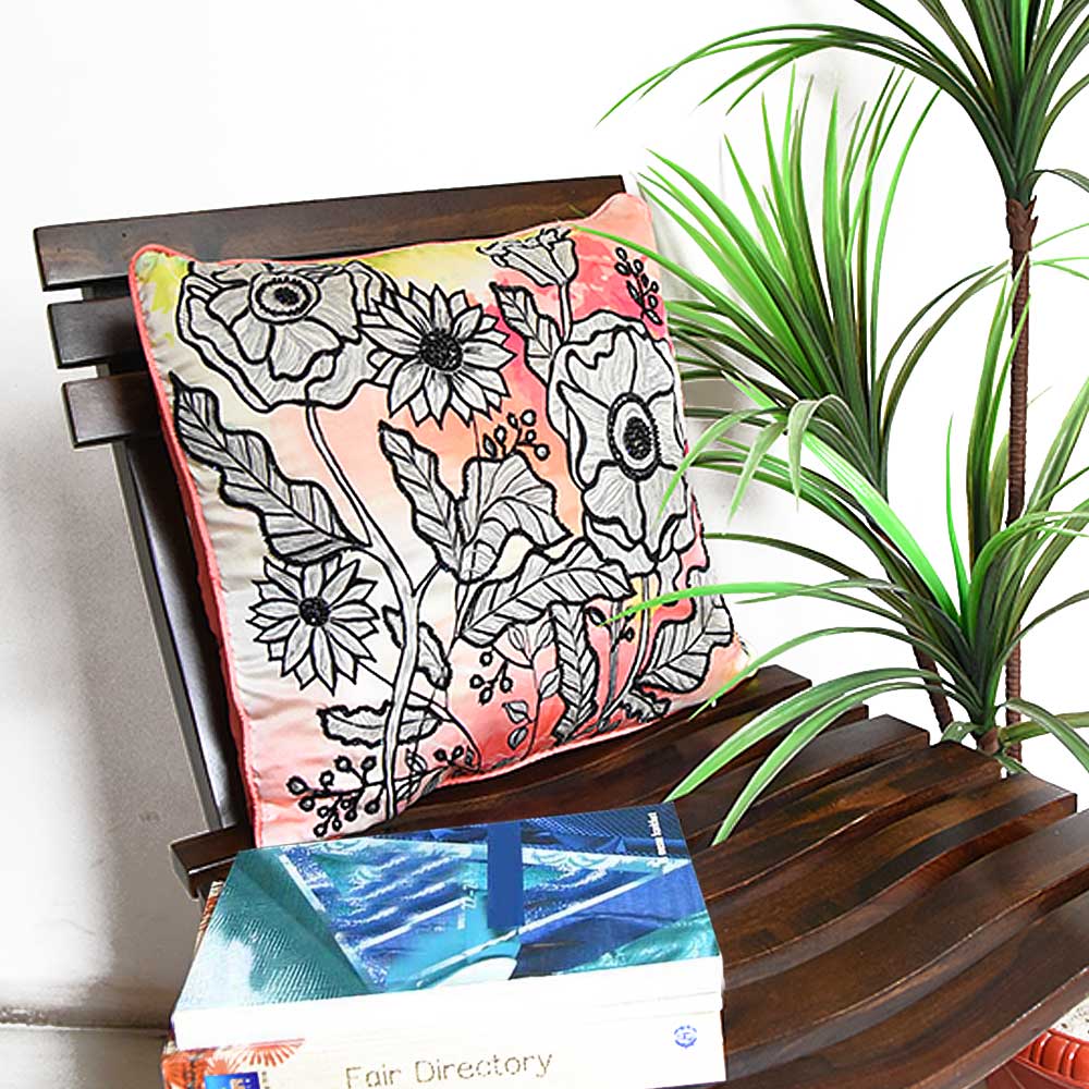 Digital Floral Printed Polyester Cushion Cover Hand & Manual Embroidered Premium Quality Cushion Cover Orange 16" X 16"
