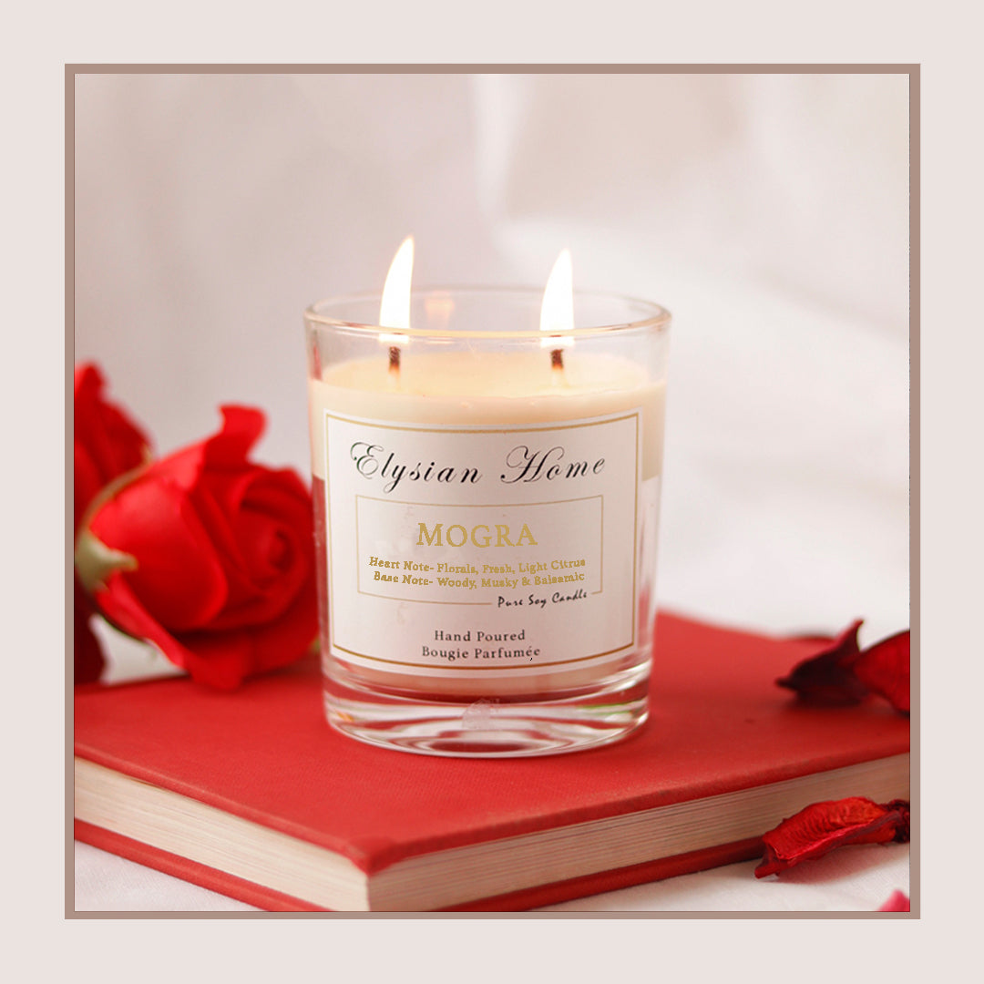 Elysian Home Mogra candle with fresh florals and light citrus scent.