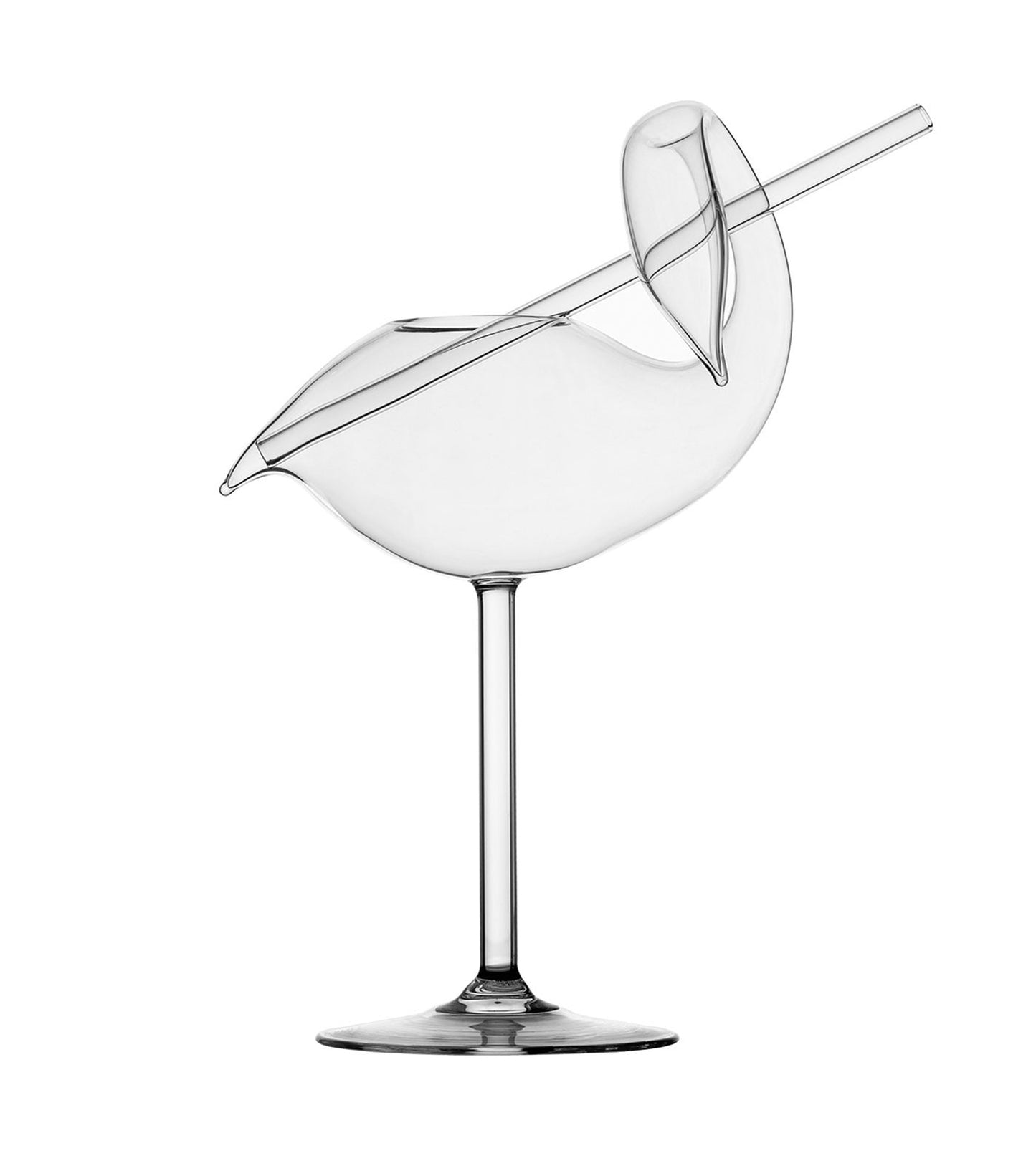 Elegant swan cocktail glass with unique swan shape and integrated straw.