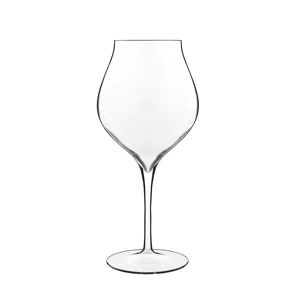 Elegant Luigi Bormioli wine glass with slender stem for red wine.