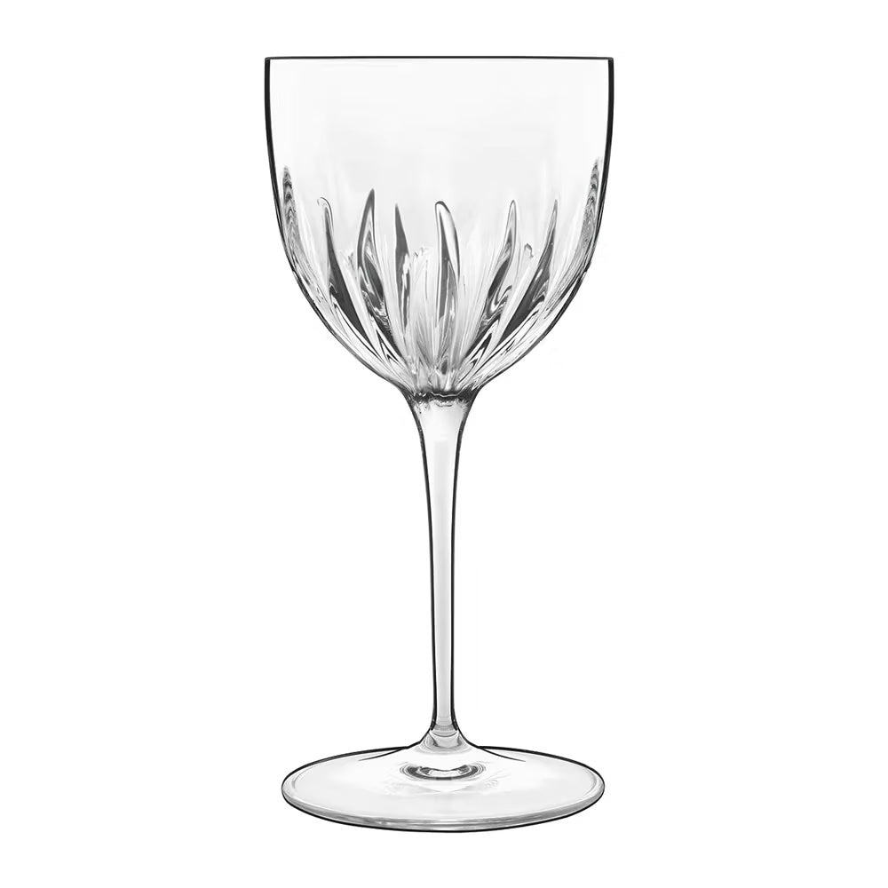 Elegant stemware: Mixology Nick & Nora cocktail glass with decorative accents.