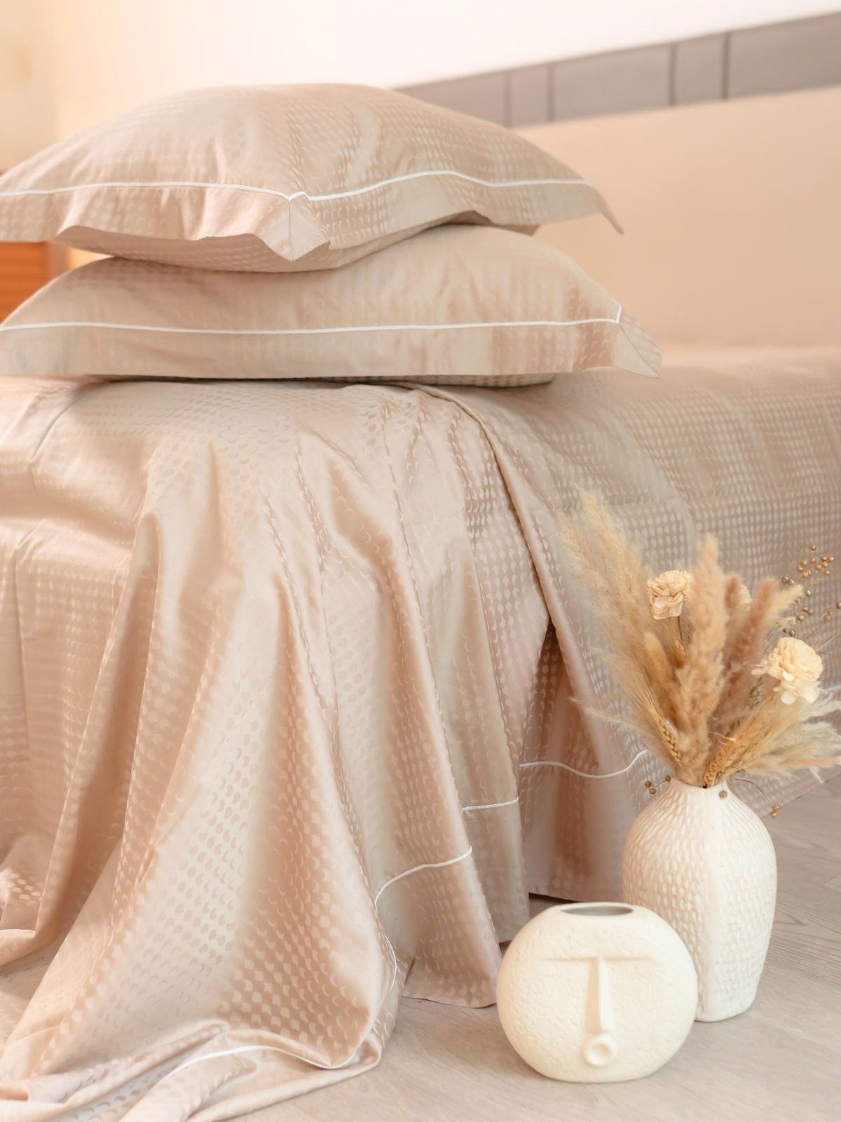 Biscotti Beige Premium Tencel Jacquard Bedsheet Set with Lace - Elysian Home Decor