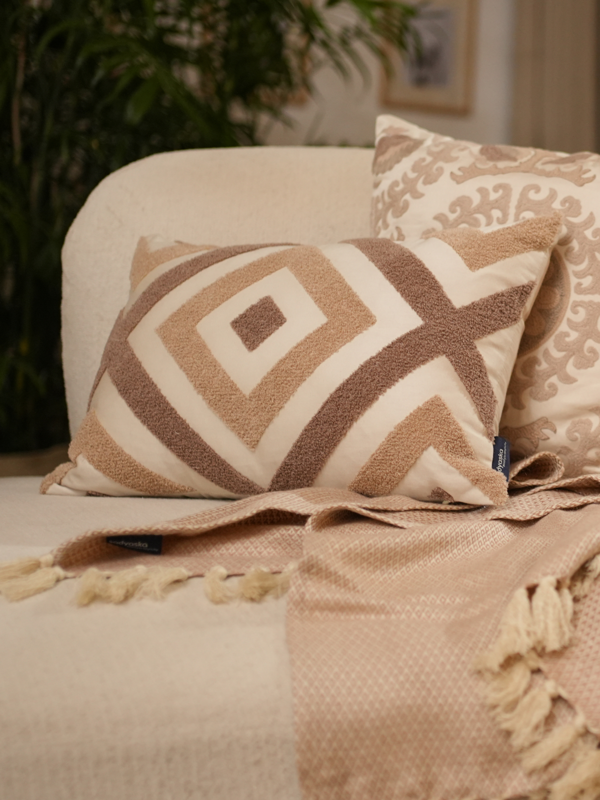 Lune Oats Beige Cotton Embroidered Cushion Cover 12" X 18" - Elysian Home Decor