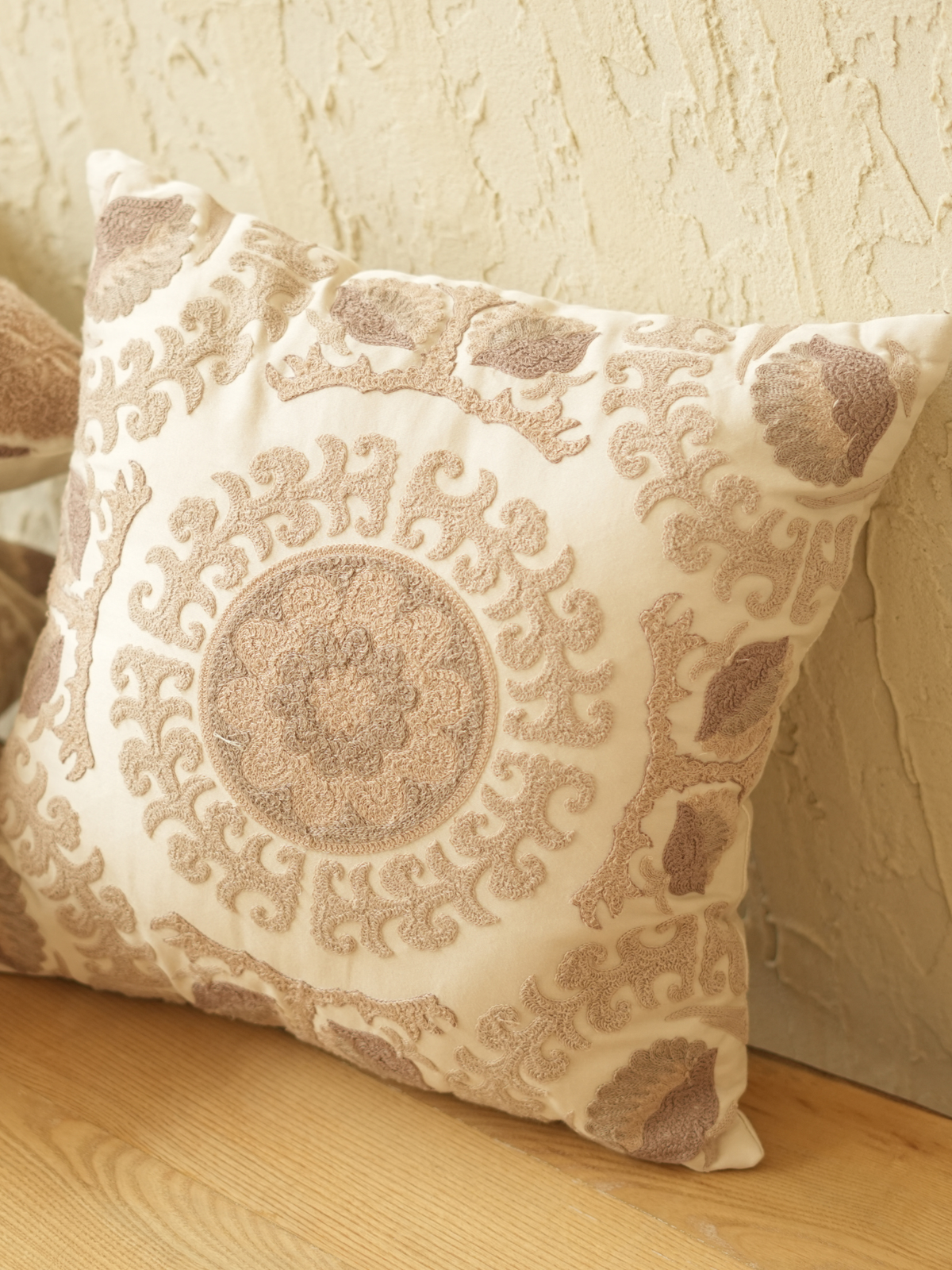 Zora Oats Beige Cotton Embroidered Cushion Cover 16" X 16" - Elysian Home Decor