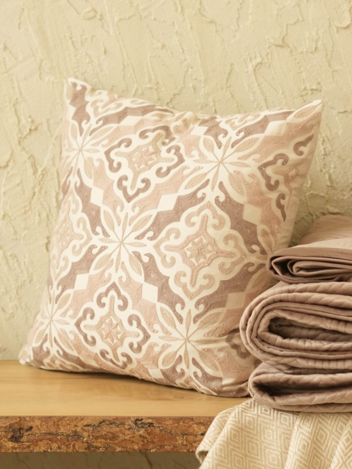 Mesa Oats Beige Cotton Embroidered Cushion Cover 16" X 16" - Elysian Home Decor