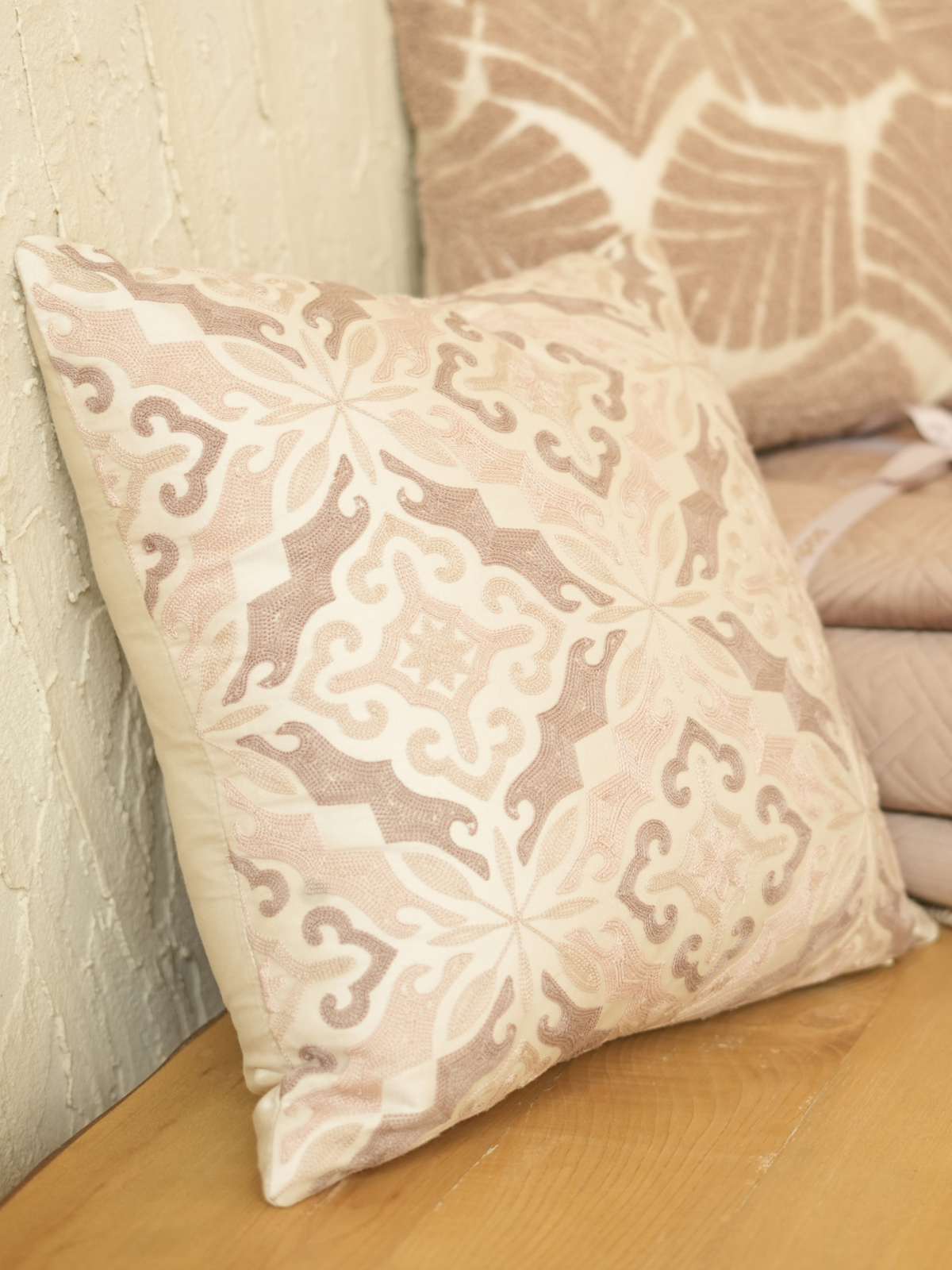 Mesa Oats Beige Cotton Embroidered Cushion Cover 16" X 16" - Elysian Home Decor