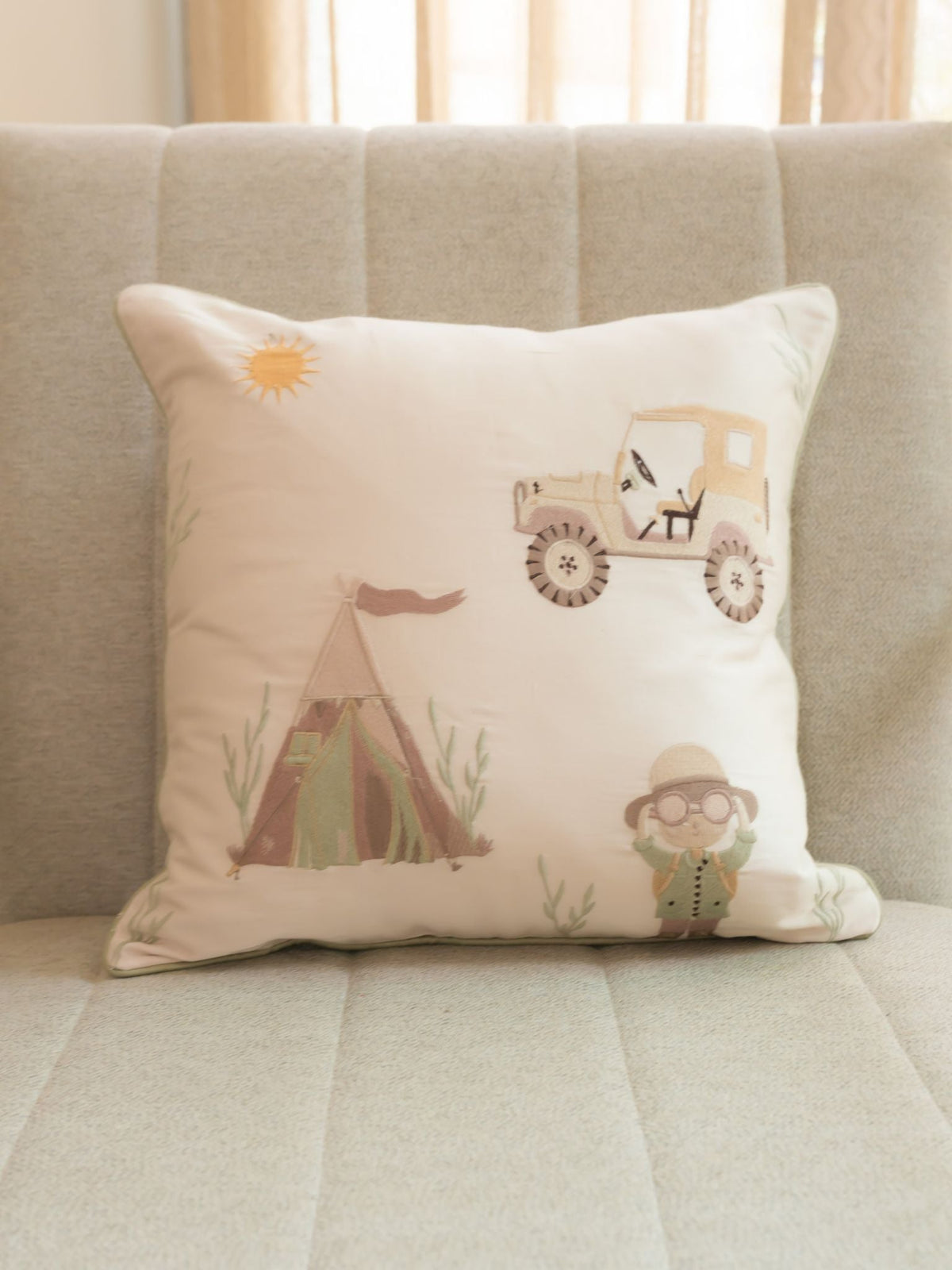 Camp Cozy Cotton Embroidered Oats Beige Cushion Cover Kids Design 16" X 16" - Elysian Home Decor