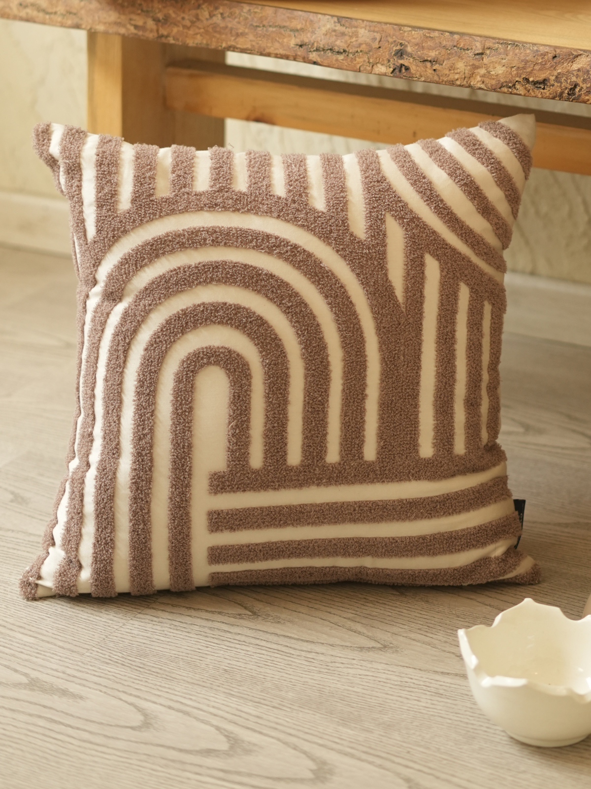 Dusk Oats Beige Cotton Embroidered Cushion Cover 16" X 16" - Elysian Home Decor