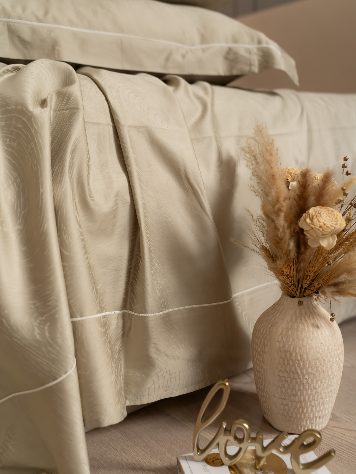 Golden Sand Premium Tencel Jacquard Bedsheet Set with Lace - Elysian Home Decor