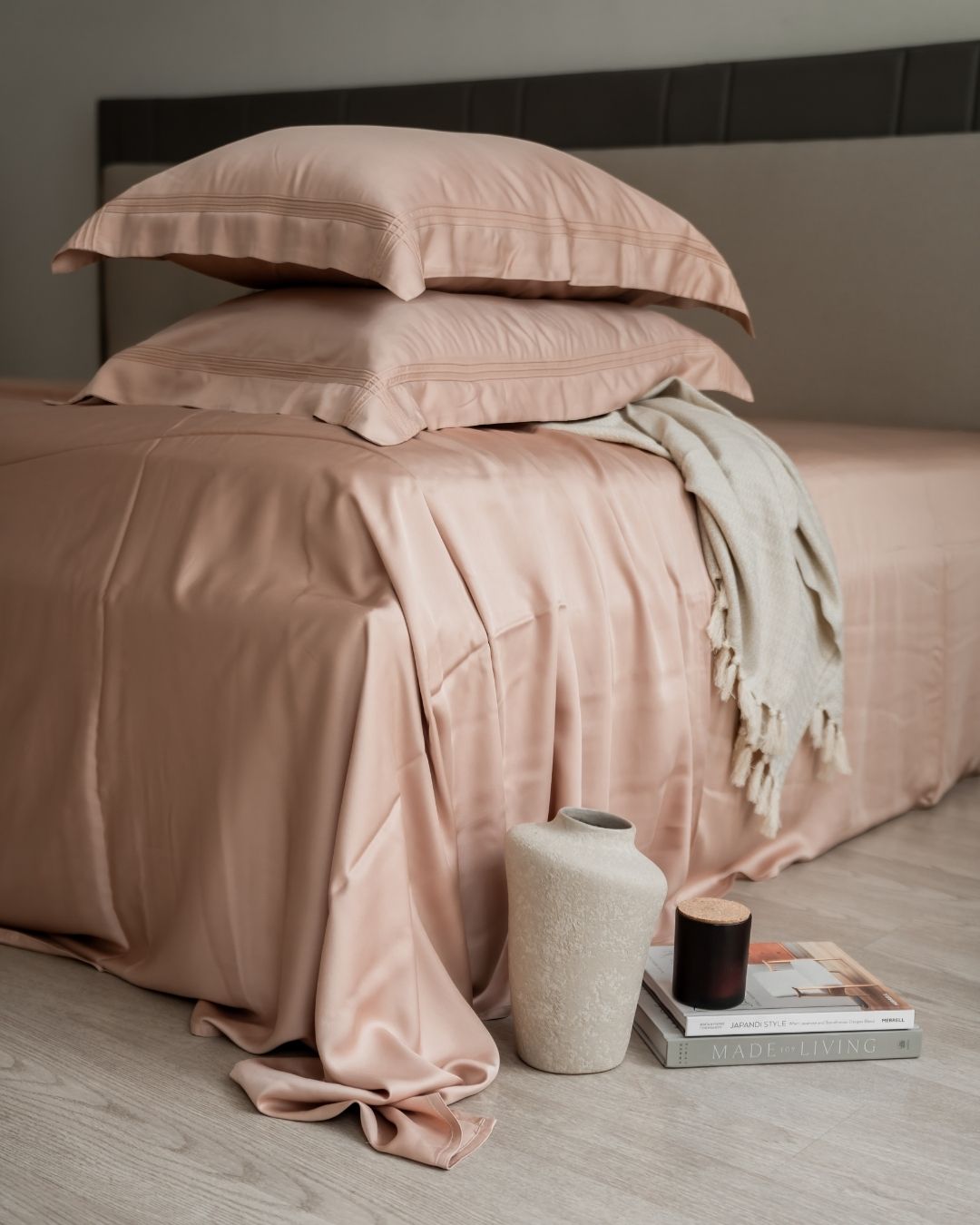 Full bed styled with creme pleated Bamboo bedsheet set