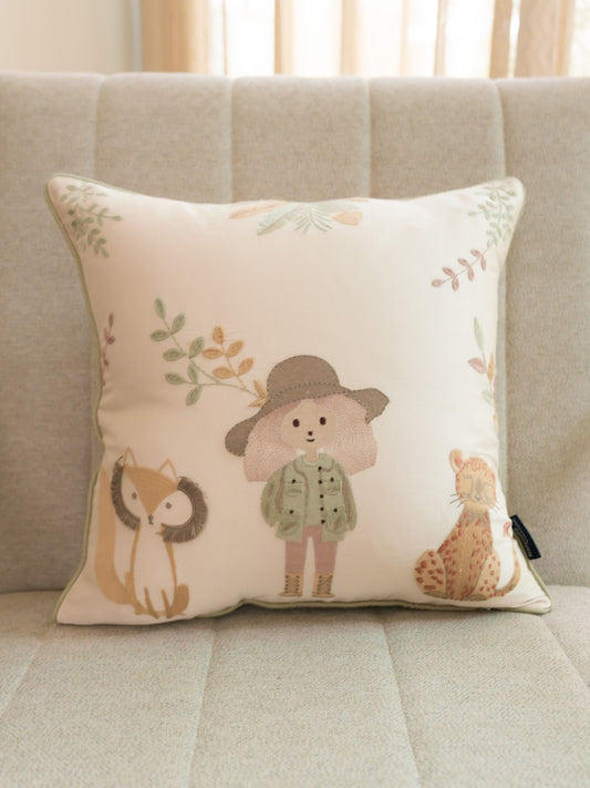 Wild Crew Cotton Embroidered Oats Beige Cushion Cover Kids Design 16" X 16" - Elysian Home Decor