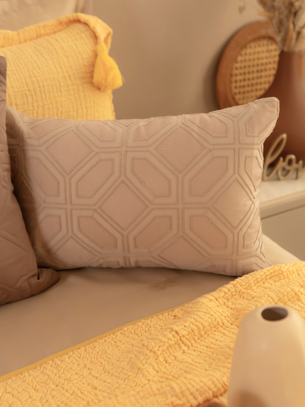 Arc Beige Cotton Embroidered Cushion Cover 12" X 18" - Elysian Home Decor