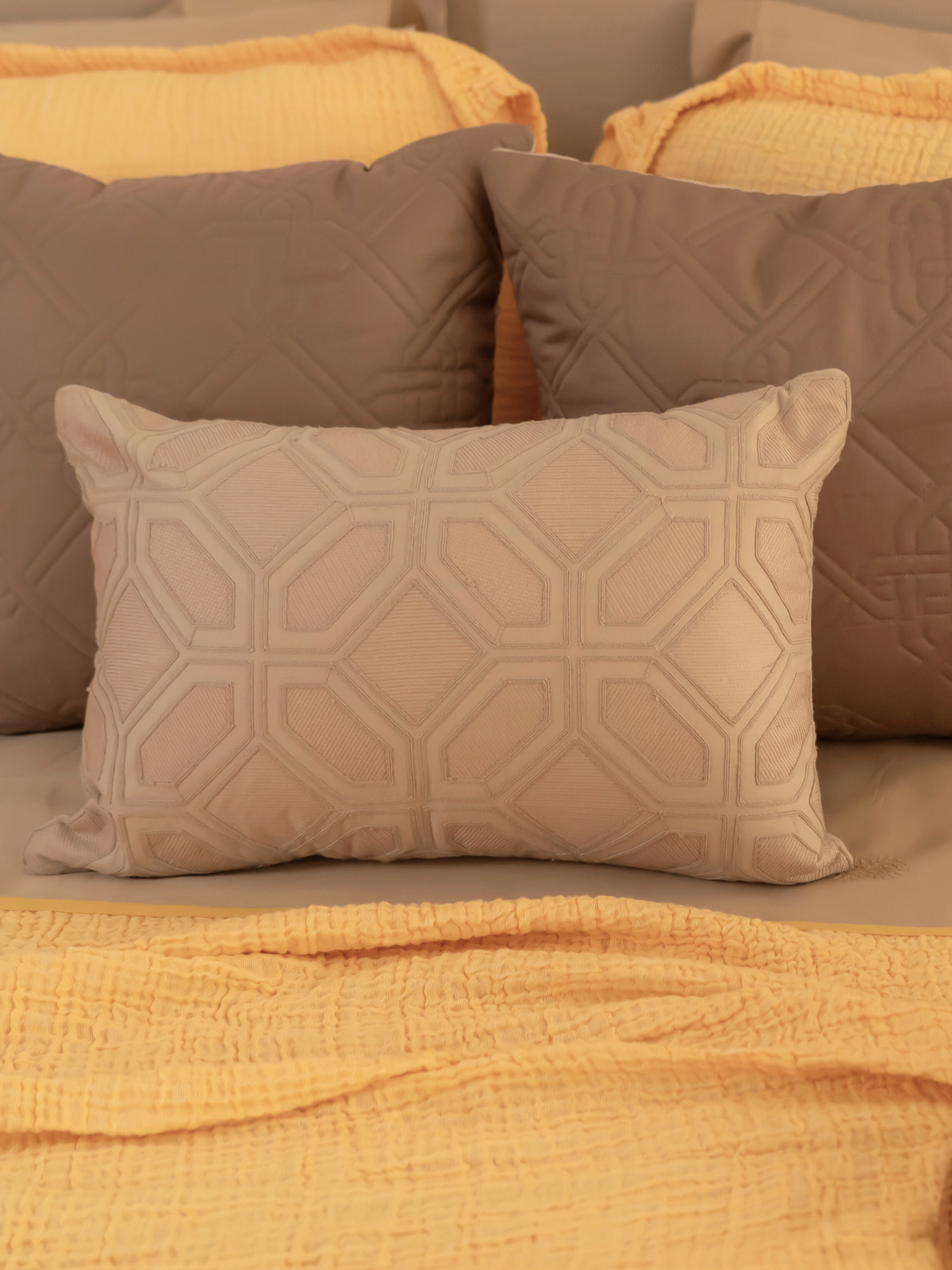 Arc Beige Cotton Embroidered Cushion Cover 12" X 18" - Elysian Home Decor