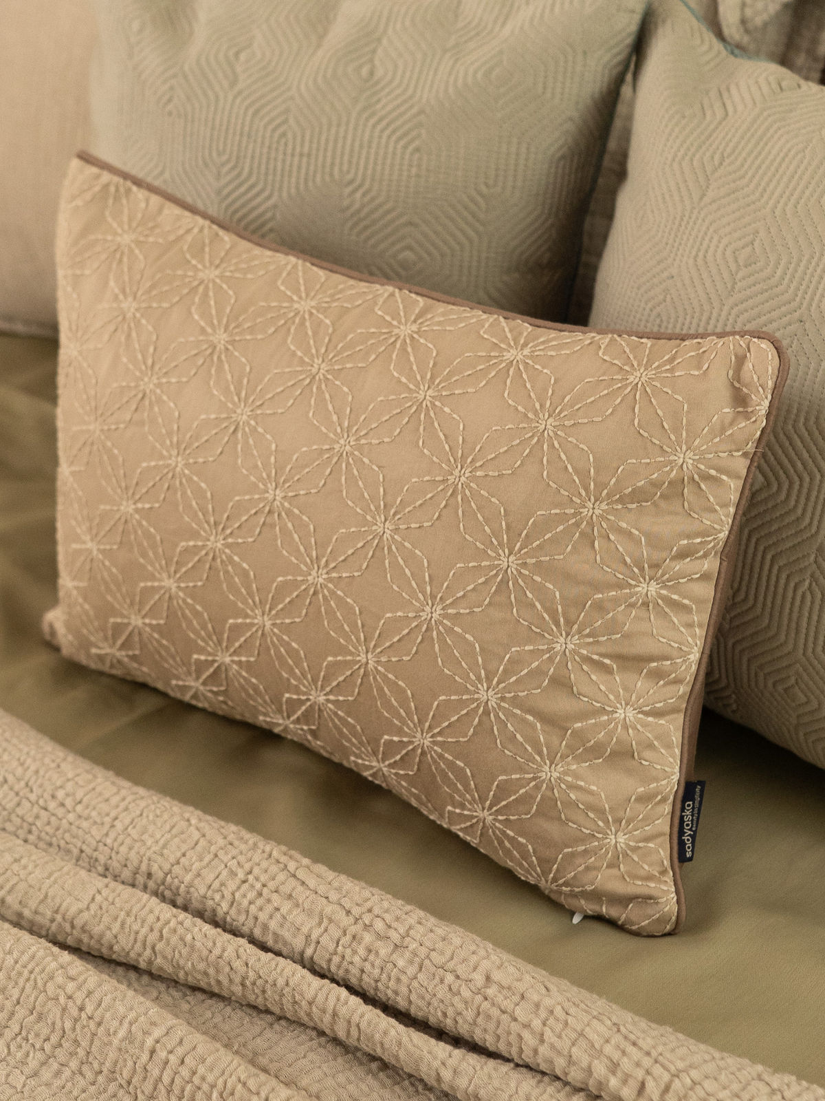 Geovibe Beige Cotton Embroidered Cushion Cover 12" X 18" - Elysian Home Decor