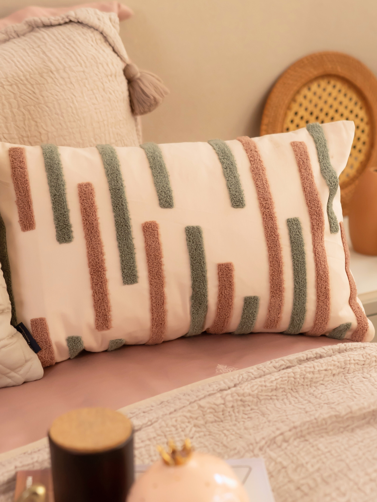 Sleeklines Buff Cotton Embroidered Cushion Cover 12" X 18" - Elysian Home Decor