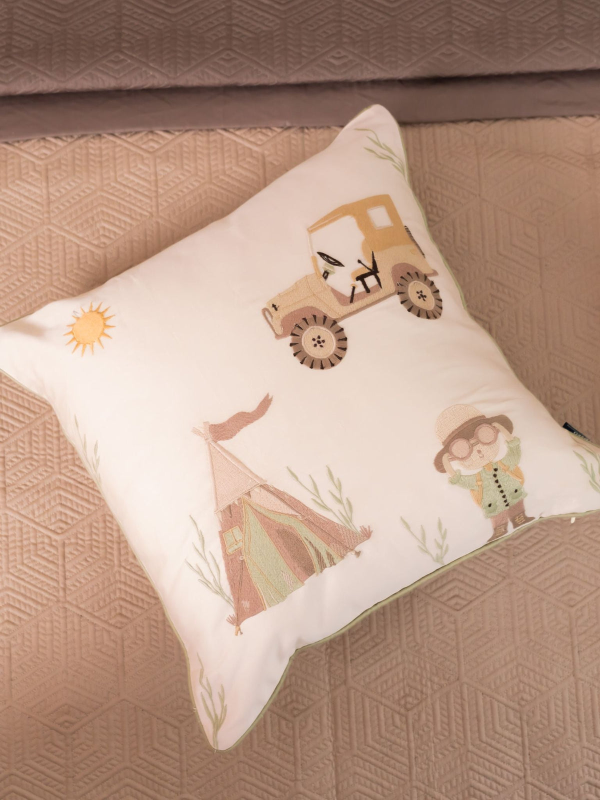 Camp Cozy Cotton Embroidered Oats Beige Cushion Cover Kids Design 16" X 16" - Elysian Home Decor