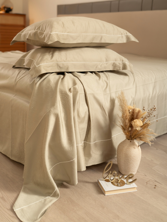 Golden Sand Premium Tencel Jacquard Bedsheet Set with Lace - Elysian Home Decor