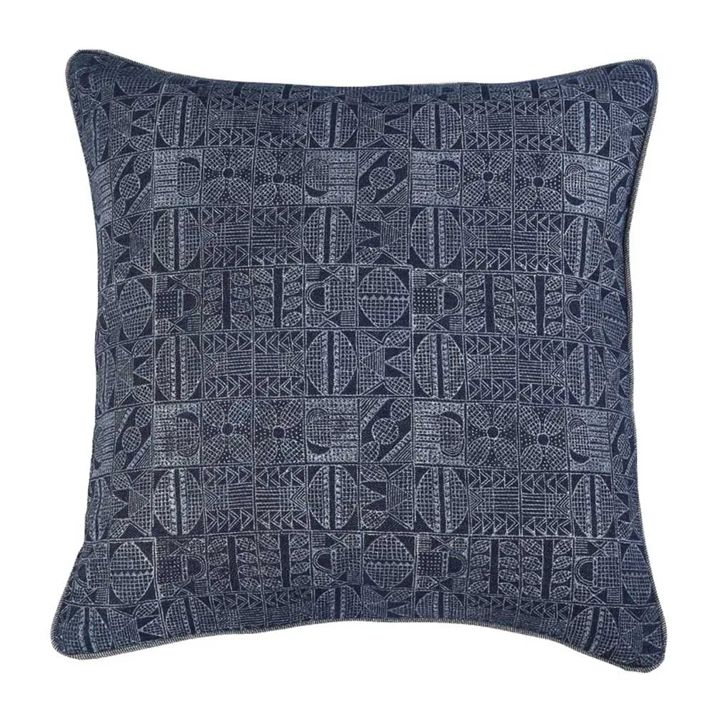 Designer Hand Block Printed Cushion Cases Indiana Denim Cushion Cover Pillow Case 16" X 16" - Elysian Home Decor