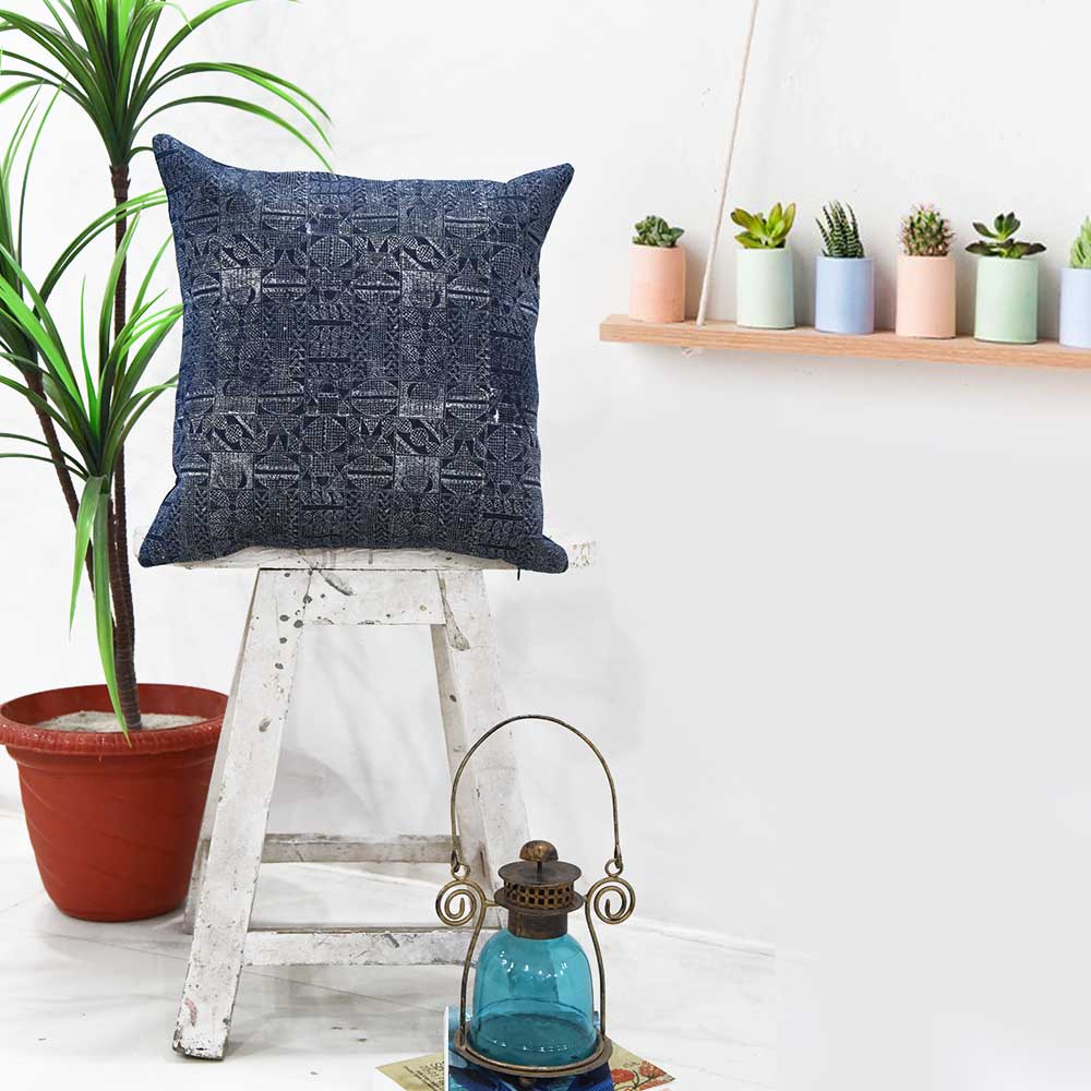 Designer Hand Block Printed Cushion Cases Indiana Denim Cushion Cover Pillow Case 16" X 16" - Elysian Home Decor