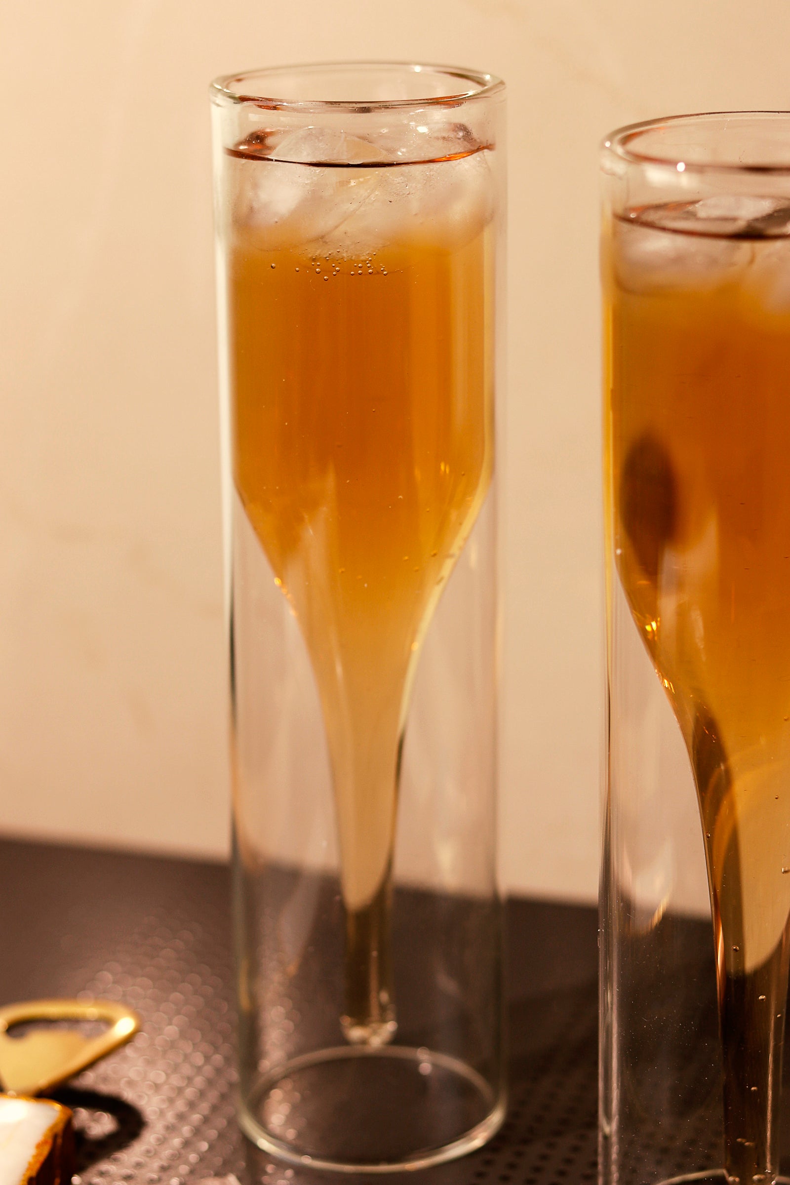 Double walled flute glass set with a unique, insulated design.